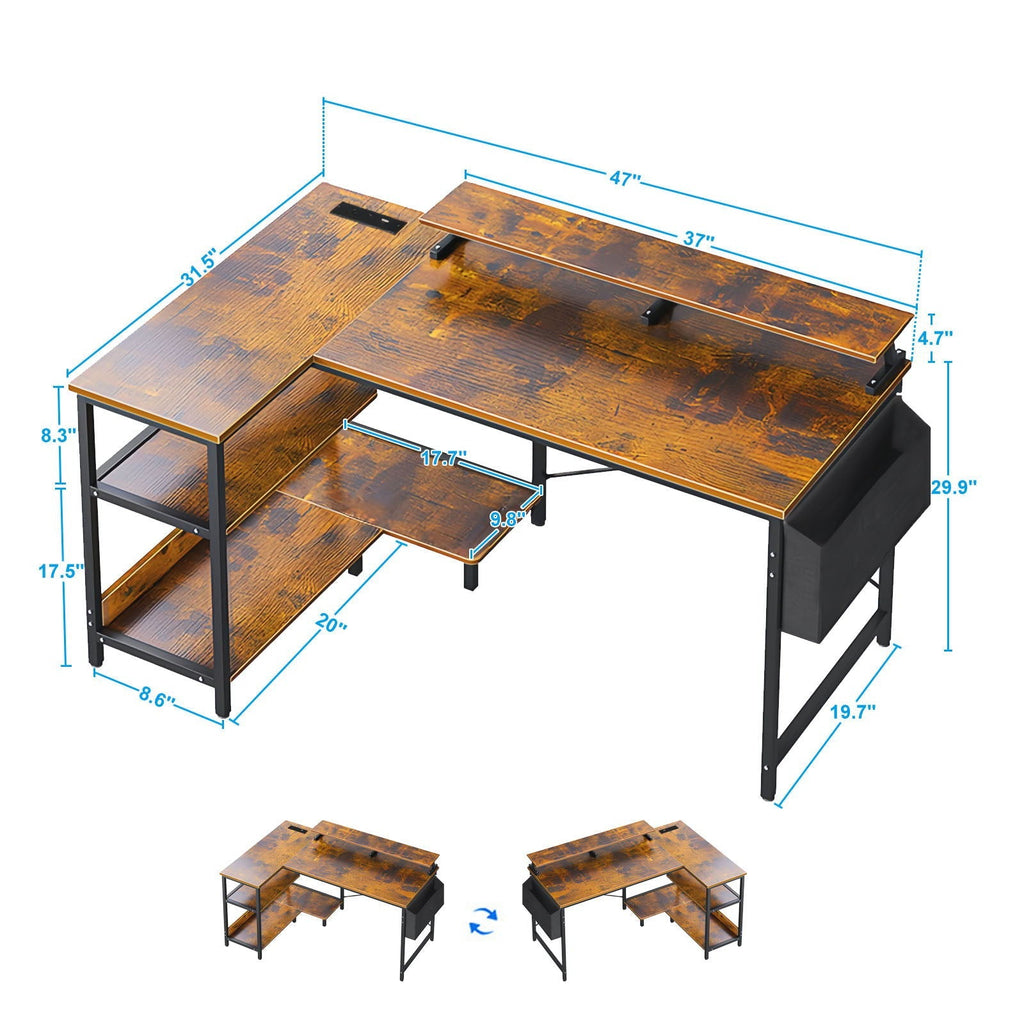 L-Shaped Gaming Desk With Power Outlets, Monitor Stand & Storage Shelves