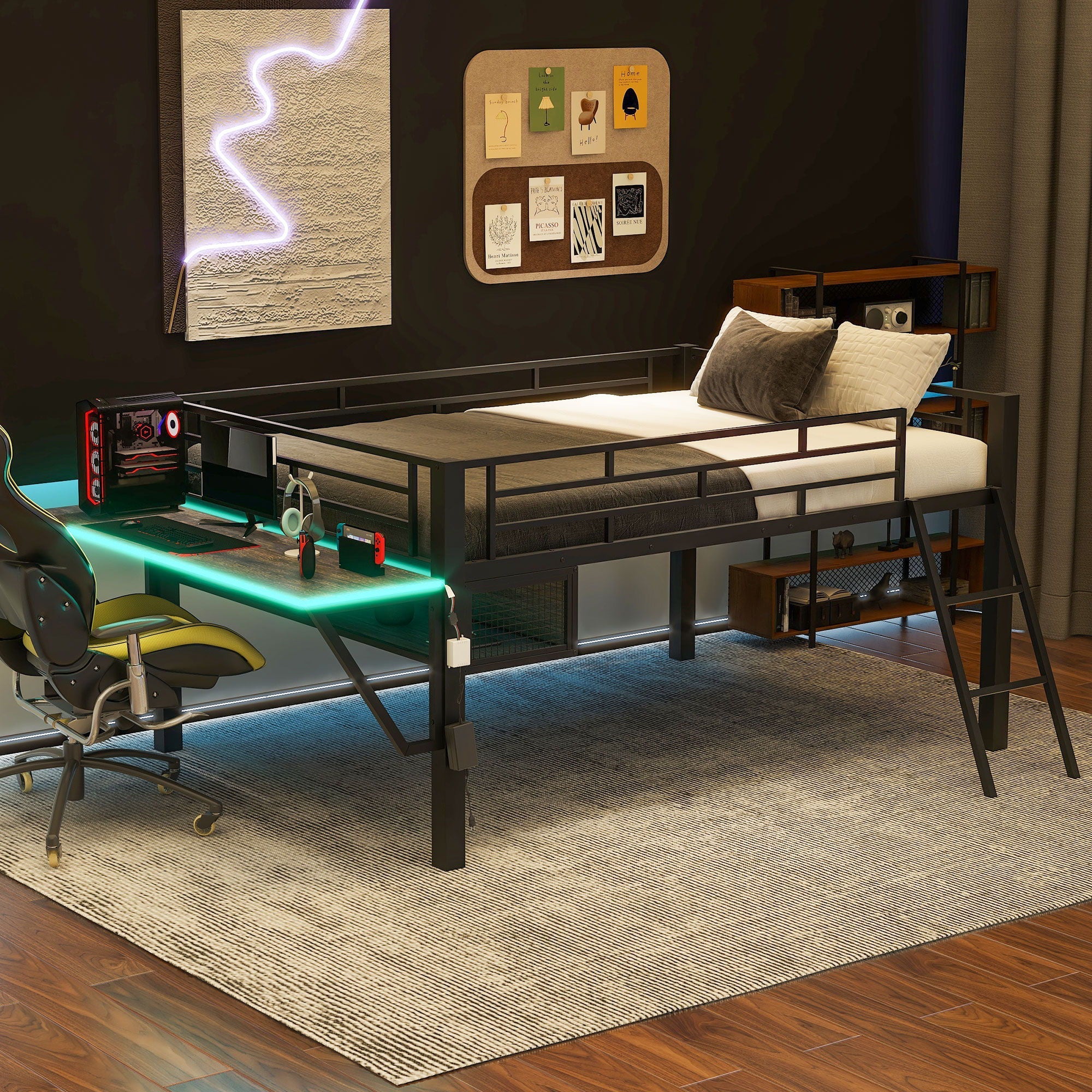 Gaming - Full Size Loft Bed With Desk, LED - Black