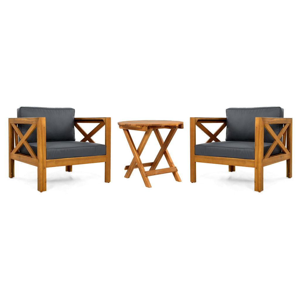 Patio Conversation Set with Foldable Acacia Wood Table and Cushioned Armchairs