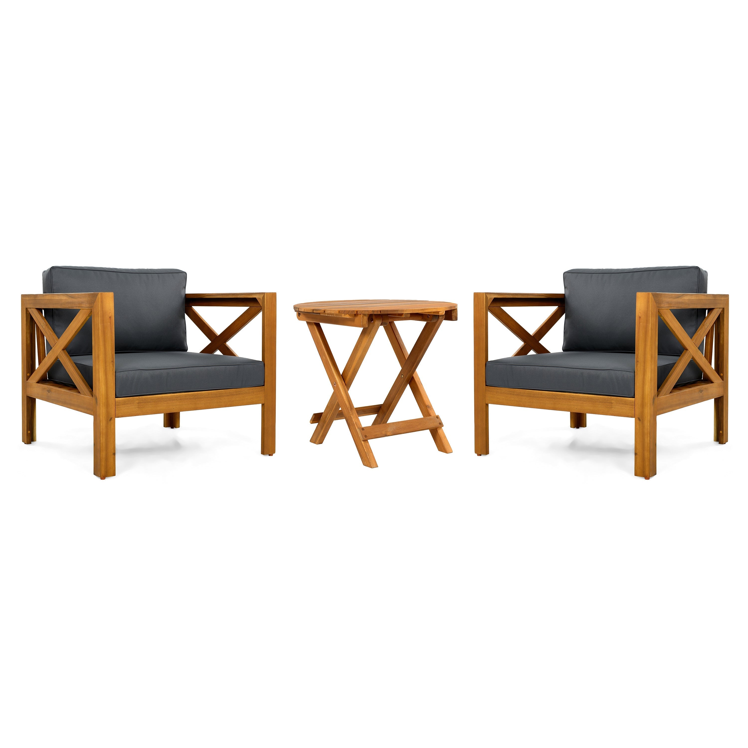 Patio Conversation Set with Foldable Acacia Wood Table and Cushioned Armchairs