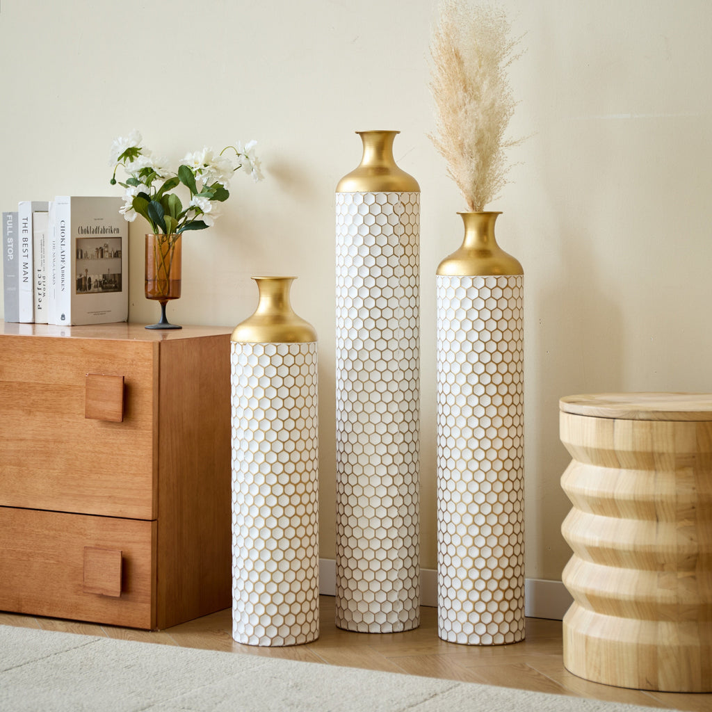 3-Piece Modern Metal Vase Set - White & Gold