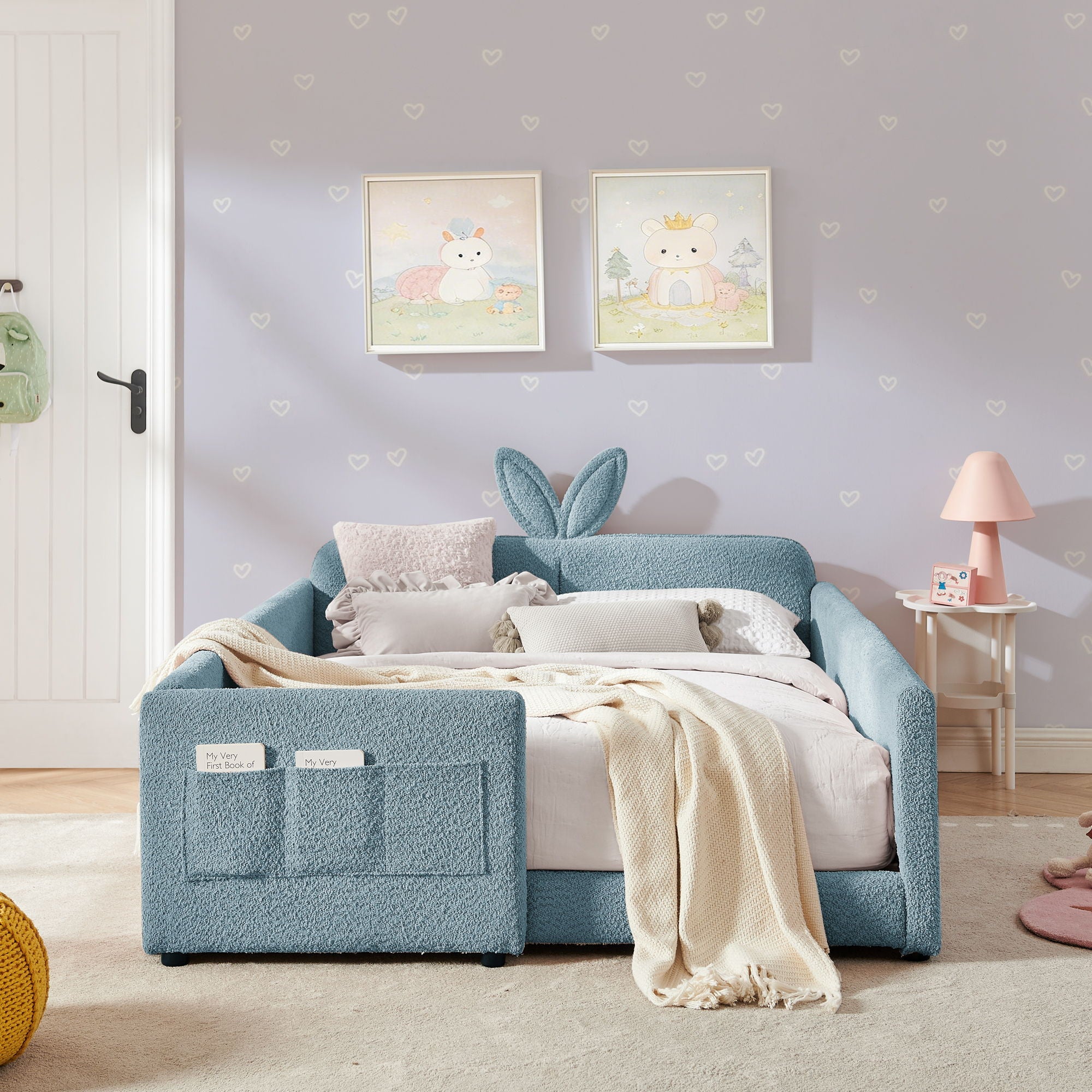 Cute Rabbit Ear Upholstered Platform Bed Frame With Safety Rail