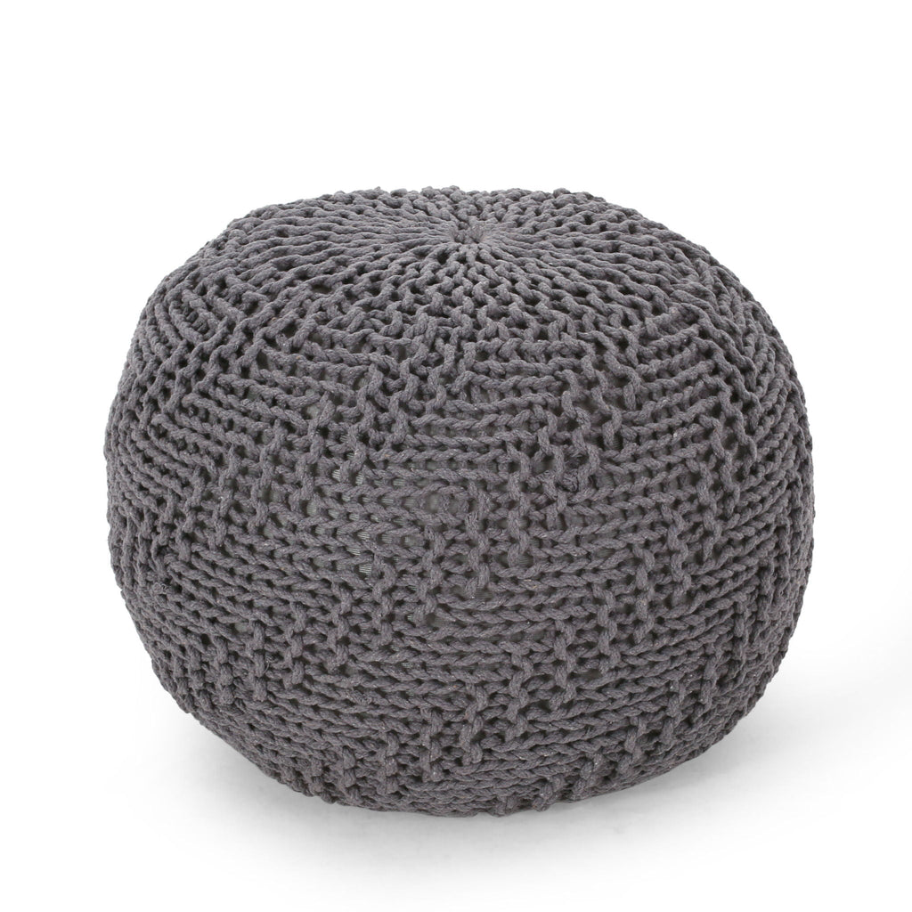 Hazel Modern Knitted Cotton Yarn Round Pouf - Dark Gray