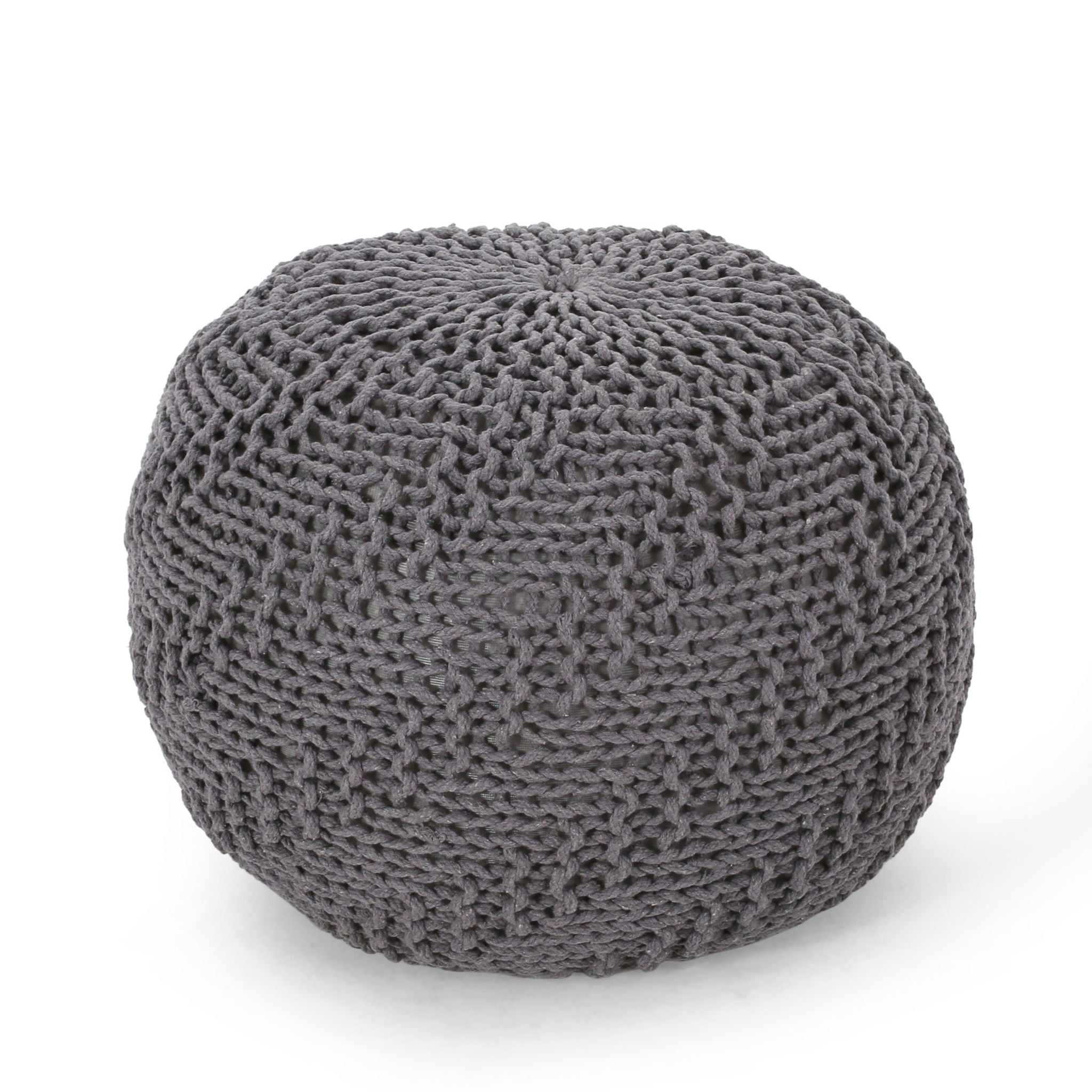 Hazel Modern Knitted Cotton Yarn Round Pouf - Dark Gray