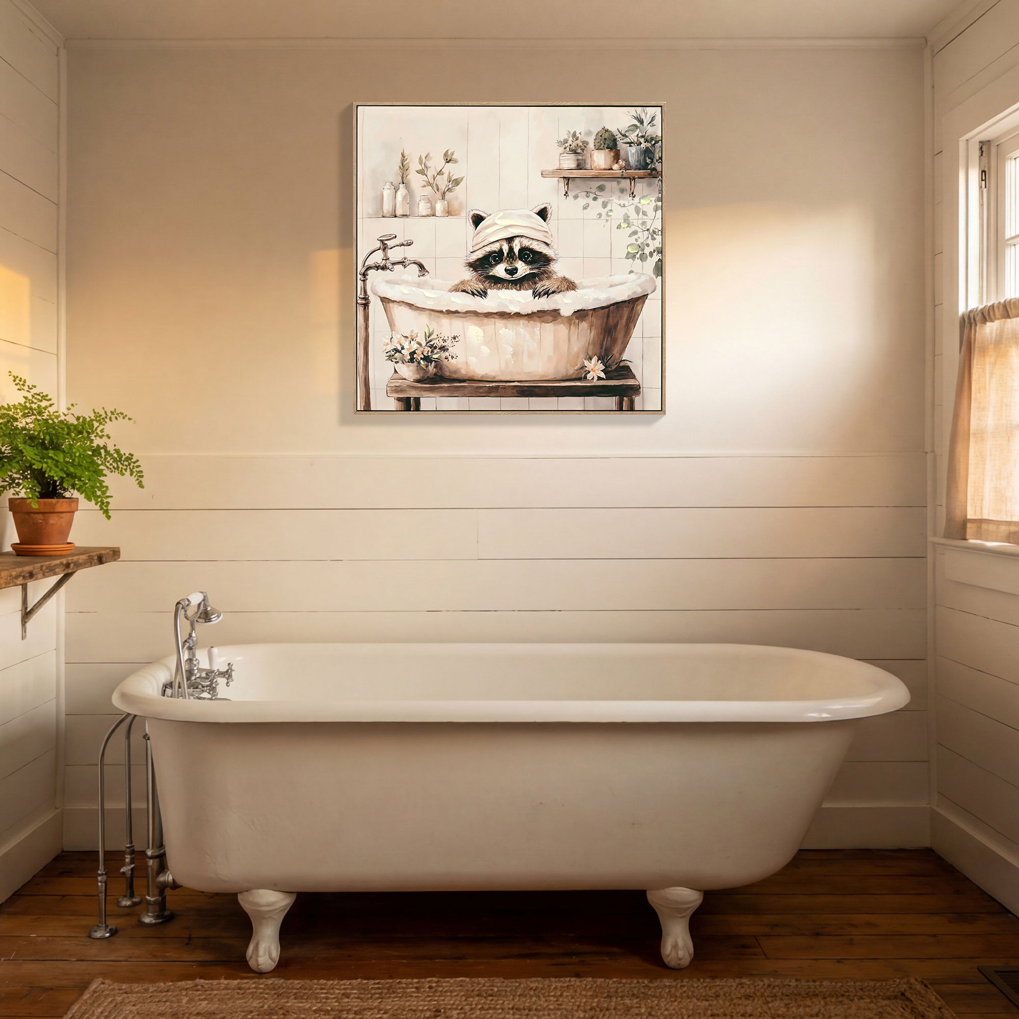 Raccoon Bathroom Canvas Wall Art, Framed - Black / Ivory