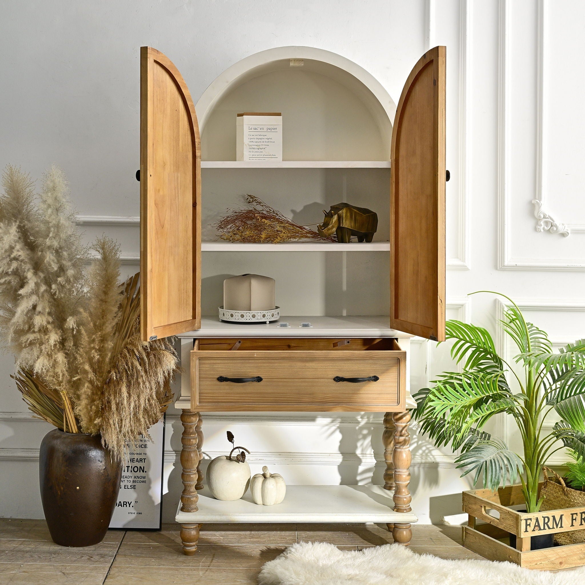 Arched Flower Carved Door Accent Sideboard Cabinet With 1 Drawer And Shelf, Cabinet For Kitchen - Natural / White