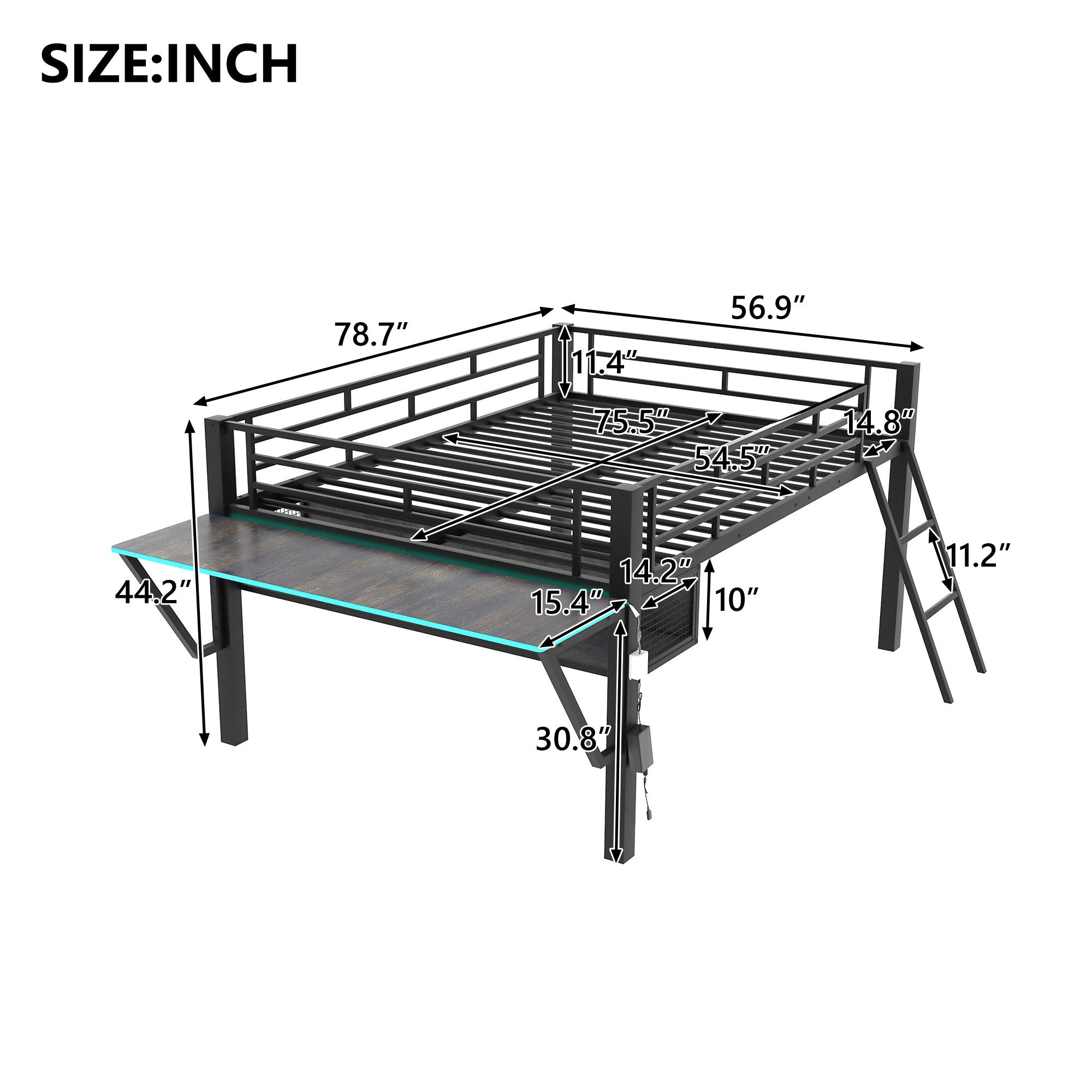 Gaming - Full Size Loft Bed With Desk, LED - Black