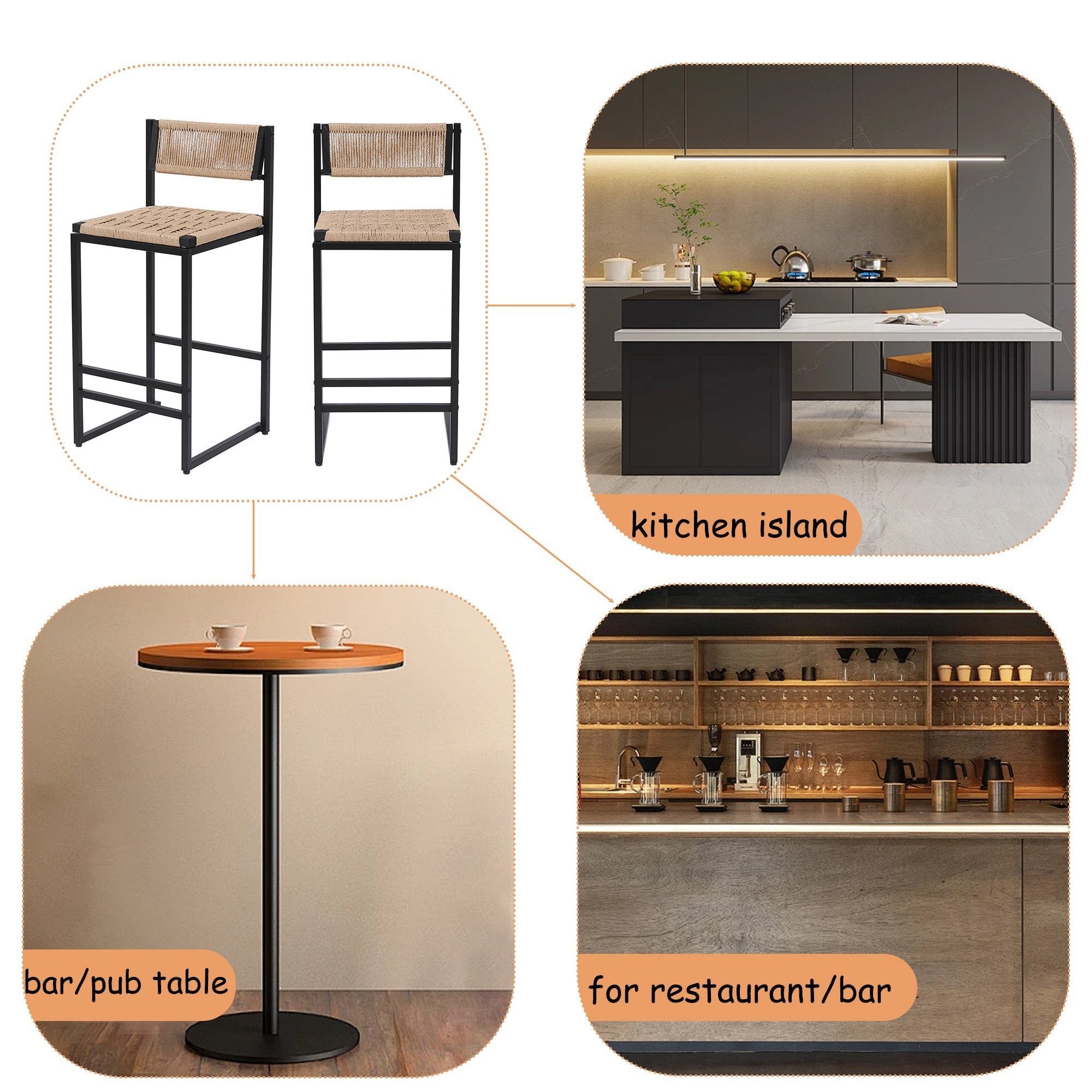 Kitchen Bar Stools with Footrest Set of 2 Paper Rope Weave Dining Chairs