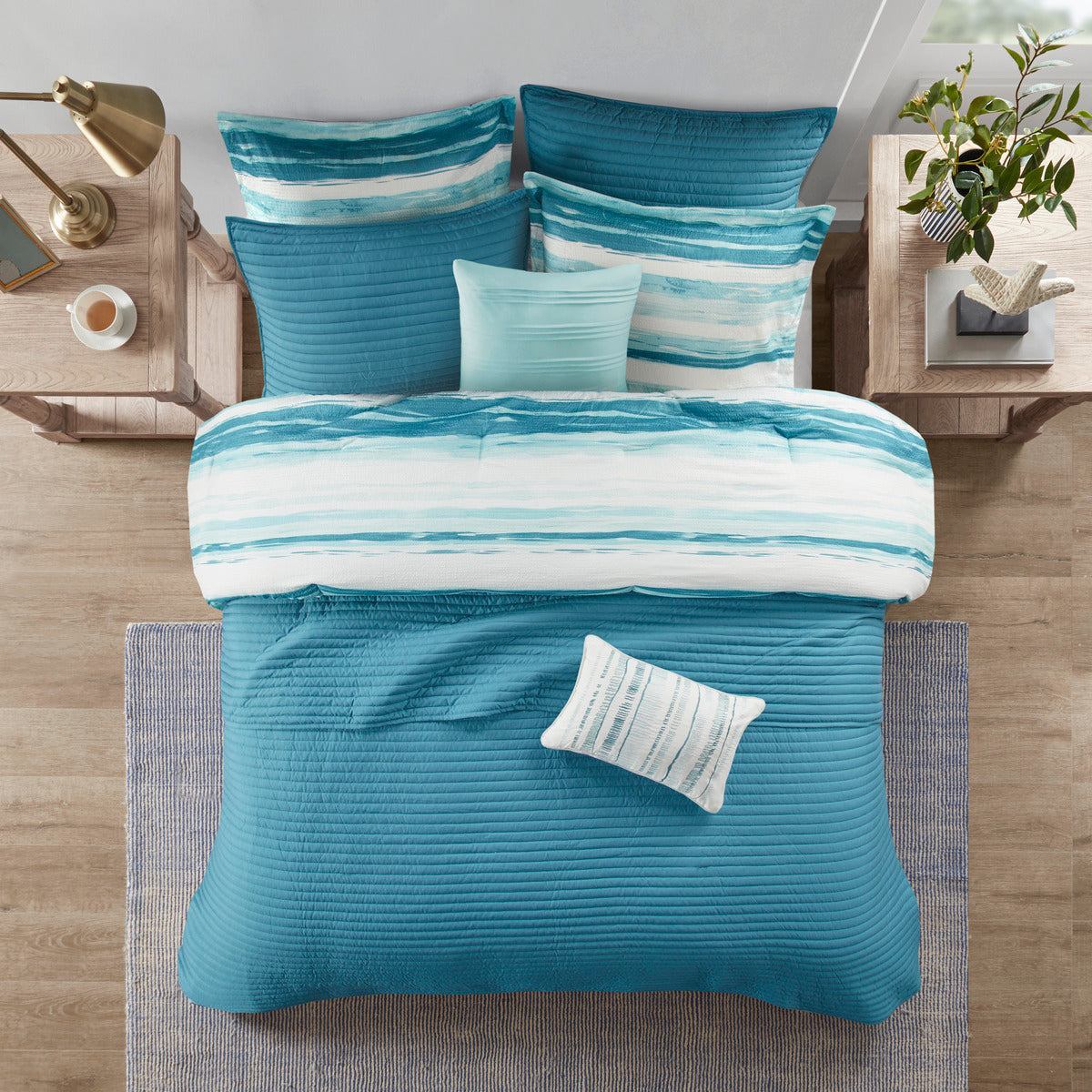 8 Piece Printed Seersucker Comforter and Quilt Set Collection Aqua King/Cal King