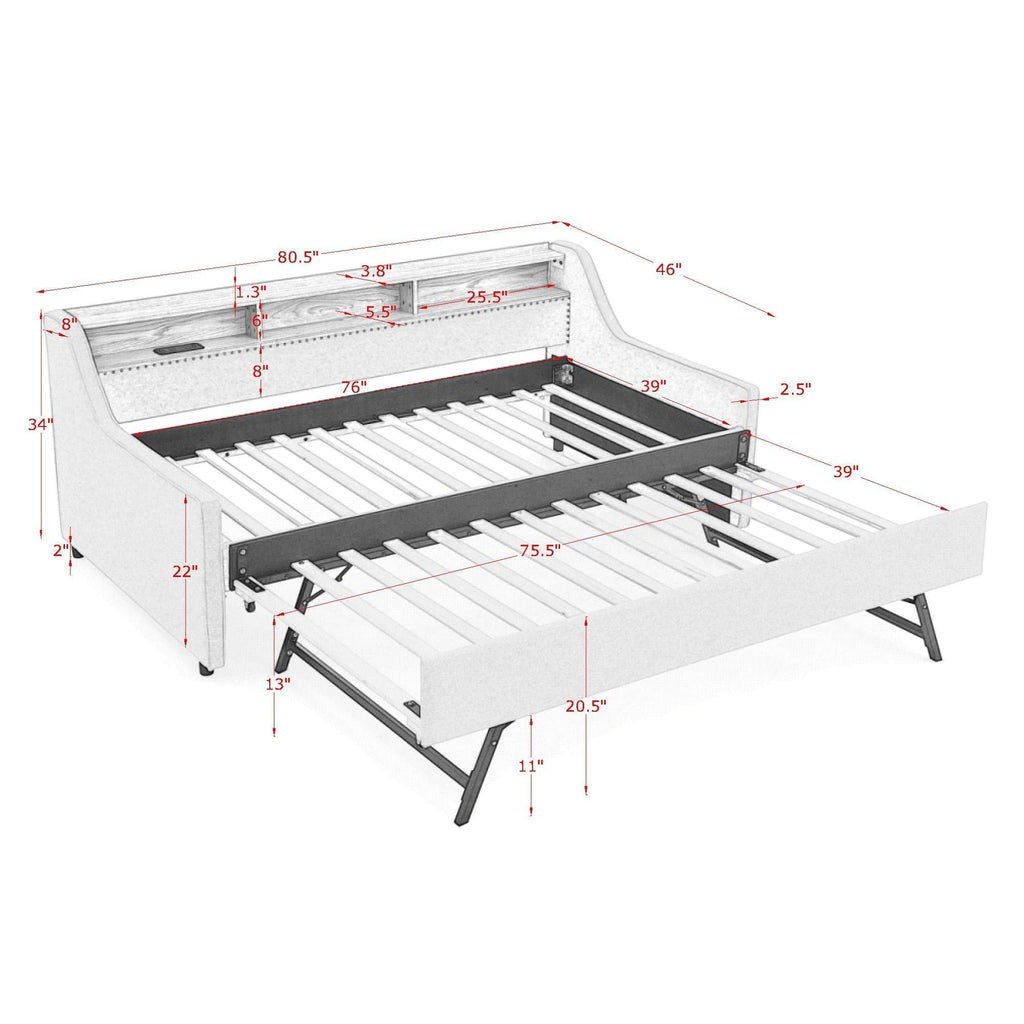 Upholstered Sofa Bed With LED Lights, Storage Headboard, Foldable Trundle & Wireless Charging