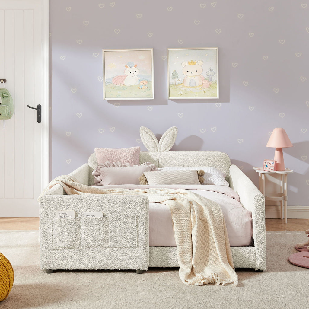 Cute Rabbit Ear Upholstered Platform Bed Frame With Safety Rail