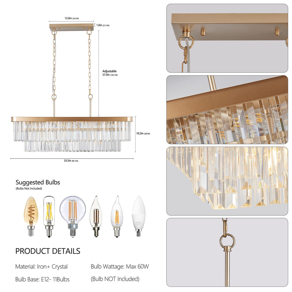 Rectangular Crystal Chandelier Adjustable Gold Iron Ceiling Light