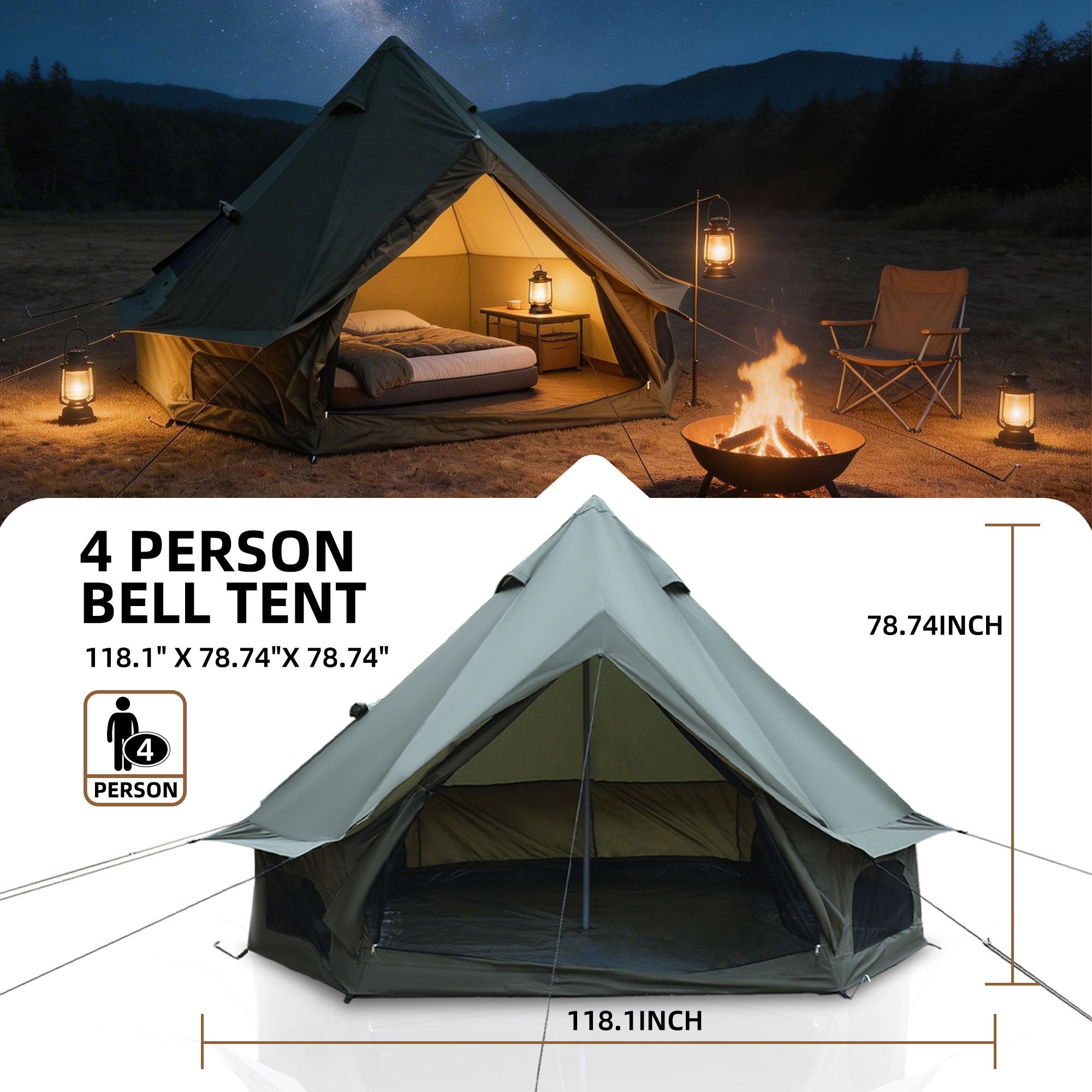 4 Season Bell Tent 9.8 FT Green Waterproof Glamping Tent