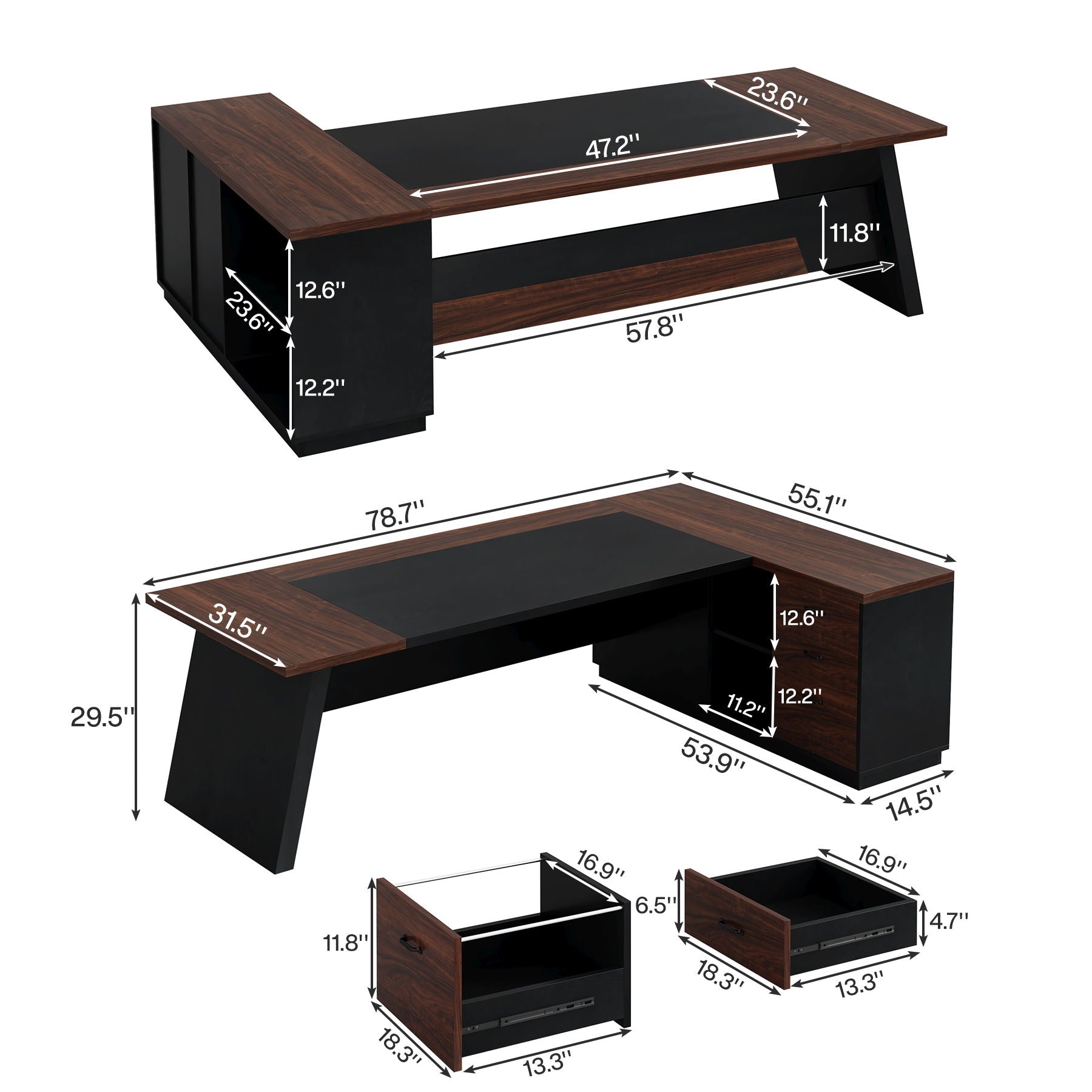 L-Shaped Executive Desk With File Cabinet & Drawers