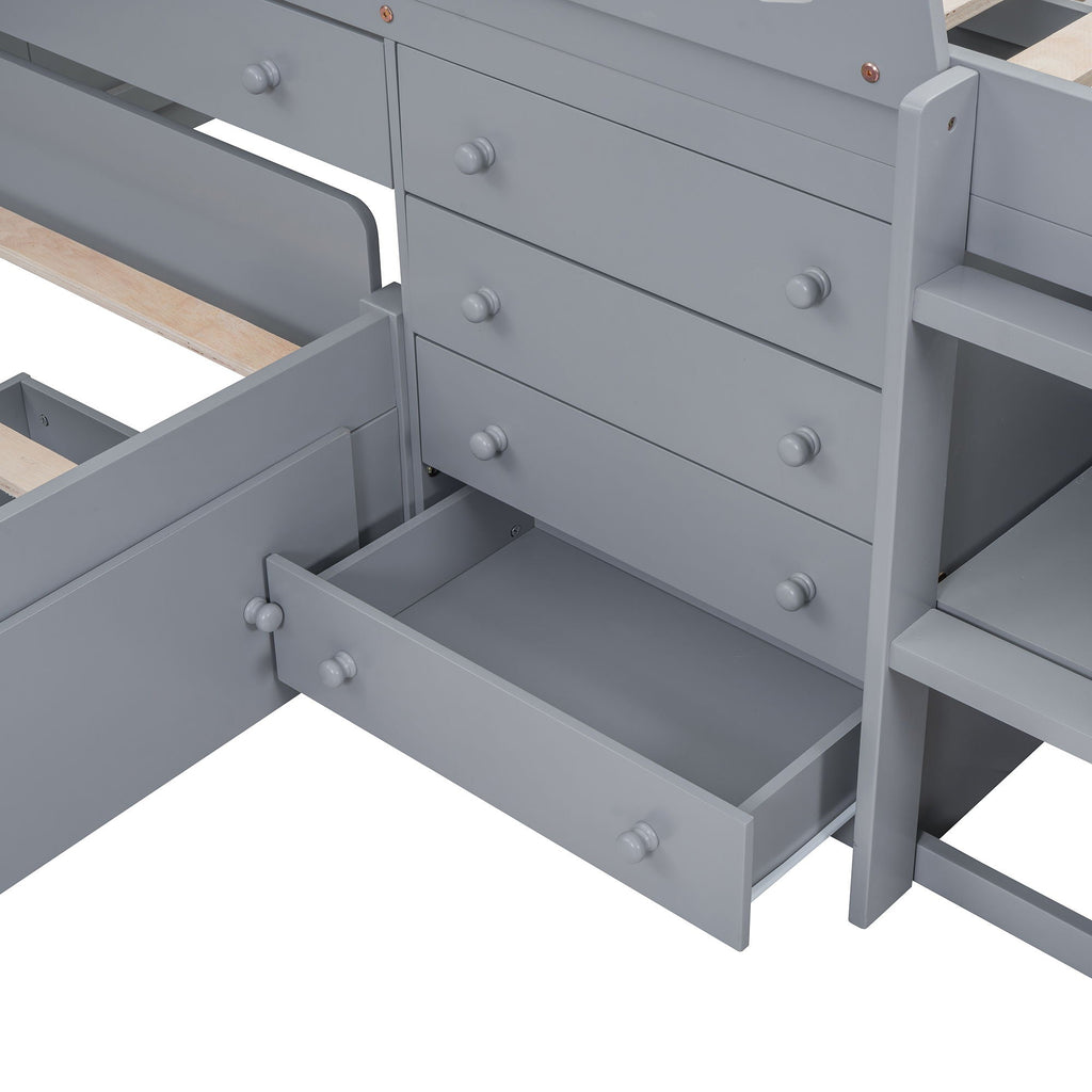 Loft Platform Bed With 7 Drawers And Full Guardrails, Modern L Shaped Space Savin