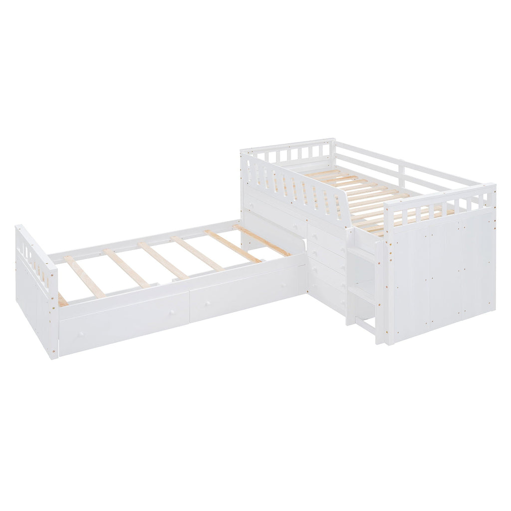 Loft Platform Bed With 7 Drawers And Full Guardrails, Modern L Shaped Space Savin