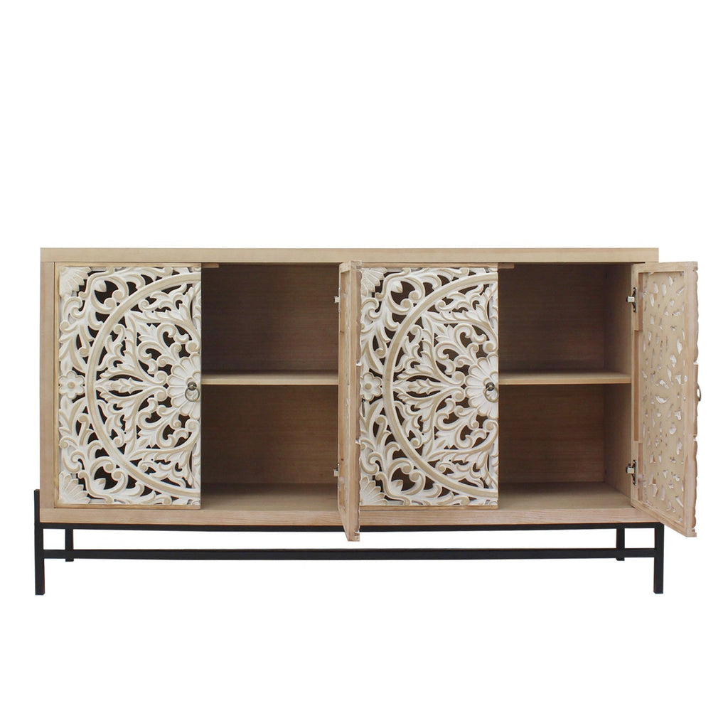 4 Door Wood Cabinet, Vintage Carved Wood with Metal Base