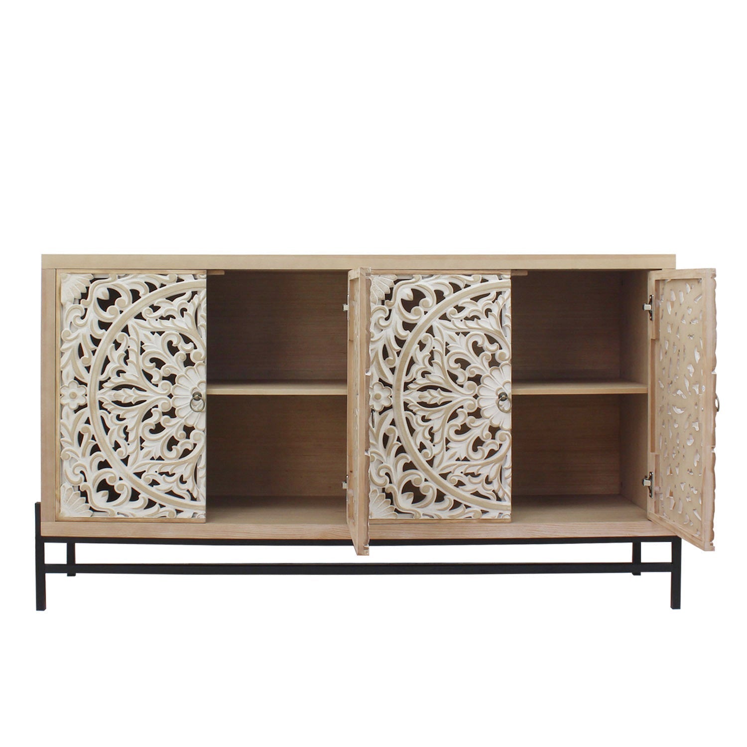 4 Door Wood Cabinet, Vintage Carved Wood with Metal Base