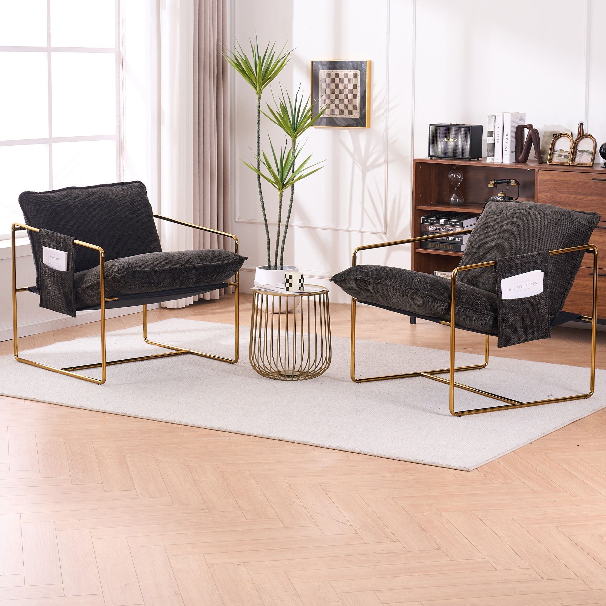 Upholstered Hanging Armchair With Arm Pocketsmetal Frame (Set of 2), Plated Craftsmanship, Crushed Foam Cushions And Skin-Friendly Woven Fabric For Living Room And Bedroom