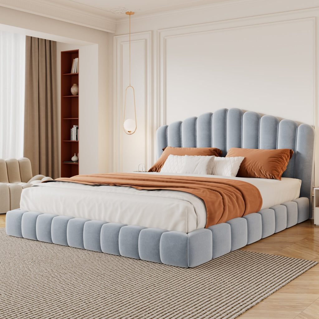 Velvet Upholstered Queen Bed with Shell-Shaped Headboard