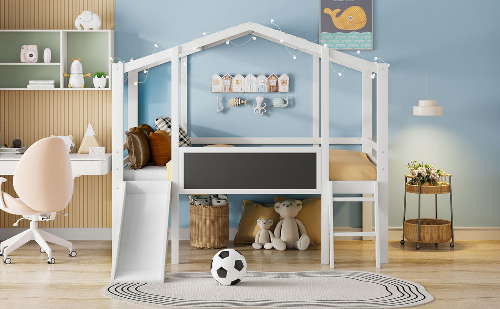 Loft House Bed With Ladder And Slide, With board And Light Strip On The Roof