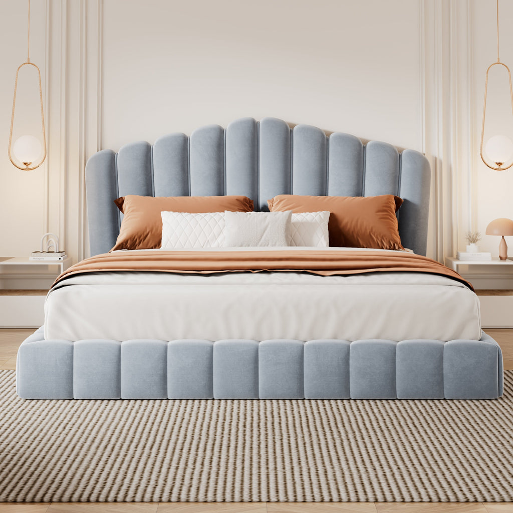 Velvet Upholstered Queen Bed with Shell-Shaped Headboard