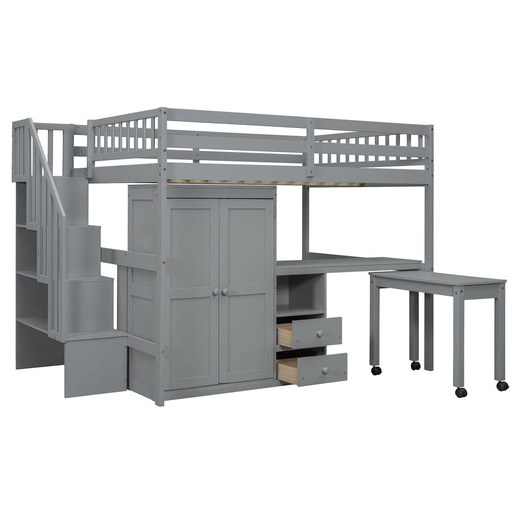 Loft Bed With Stairs, Bookshelf, Drawers, Desk & Wardrobe, Space Saving Multifunctional Furniture