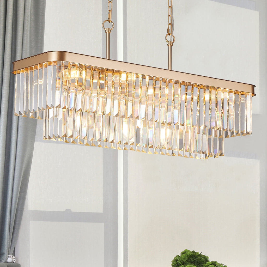Rectangular Crystal Chandelier Adjustable Gold Iron Ceiling Light