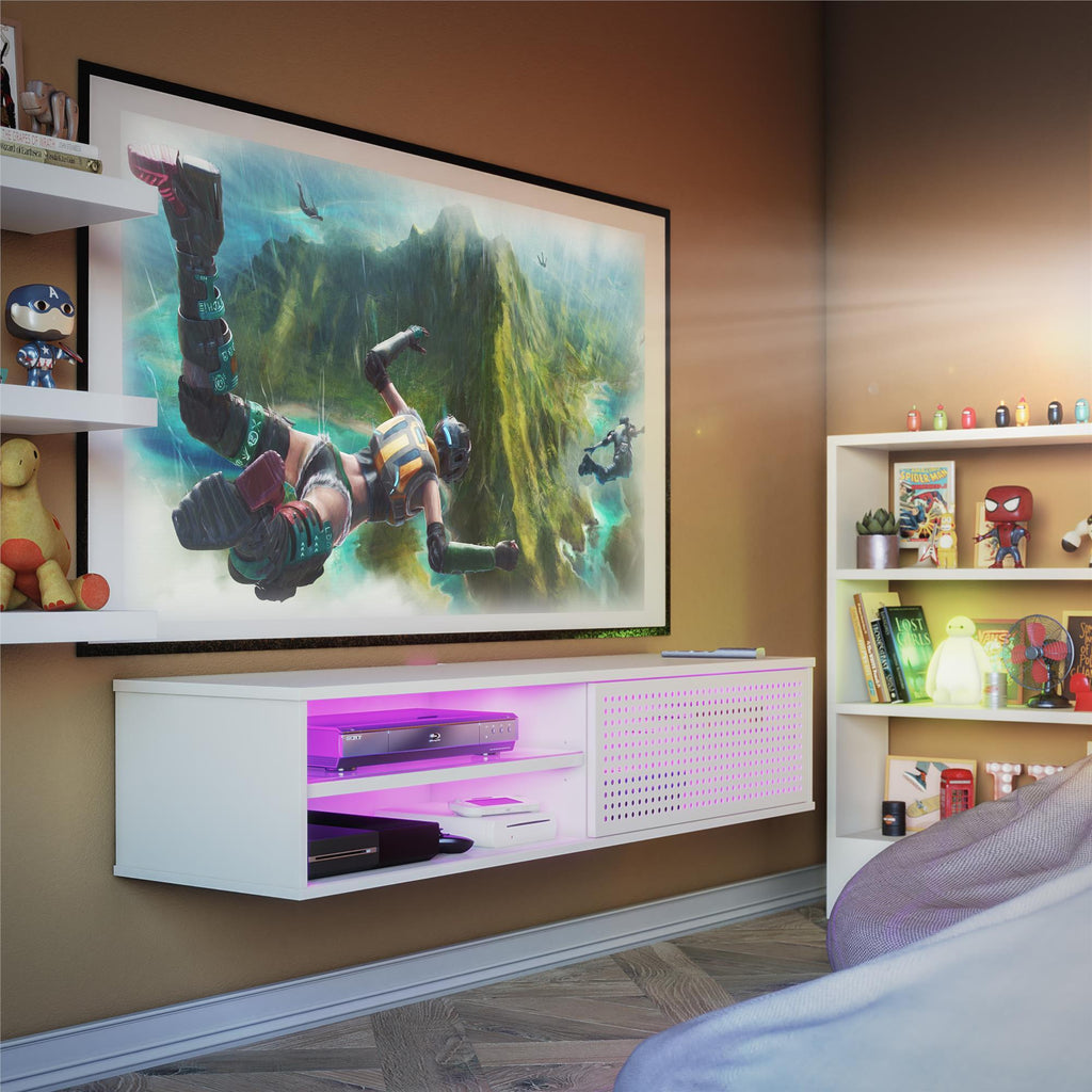 Glitch Floating TV Stand For TVs Up To 60" With RGB Lighting And Sliding Door - White