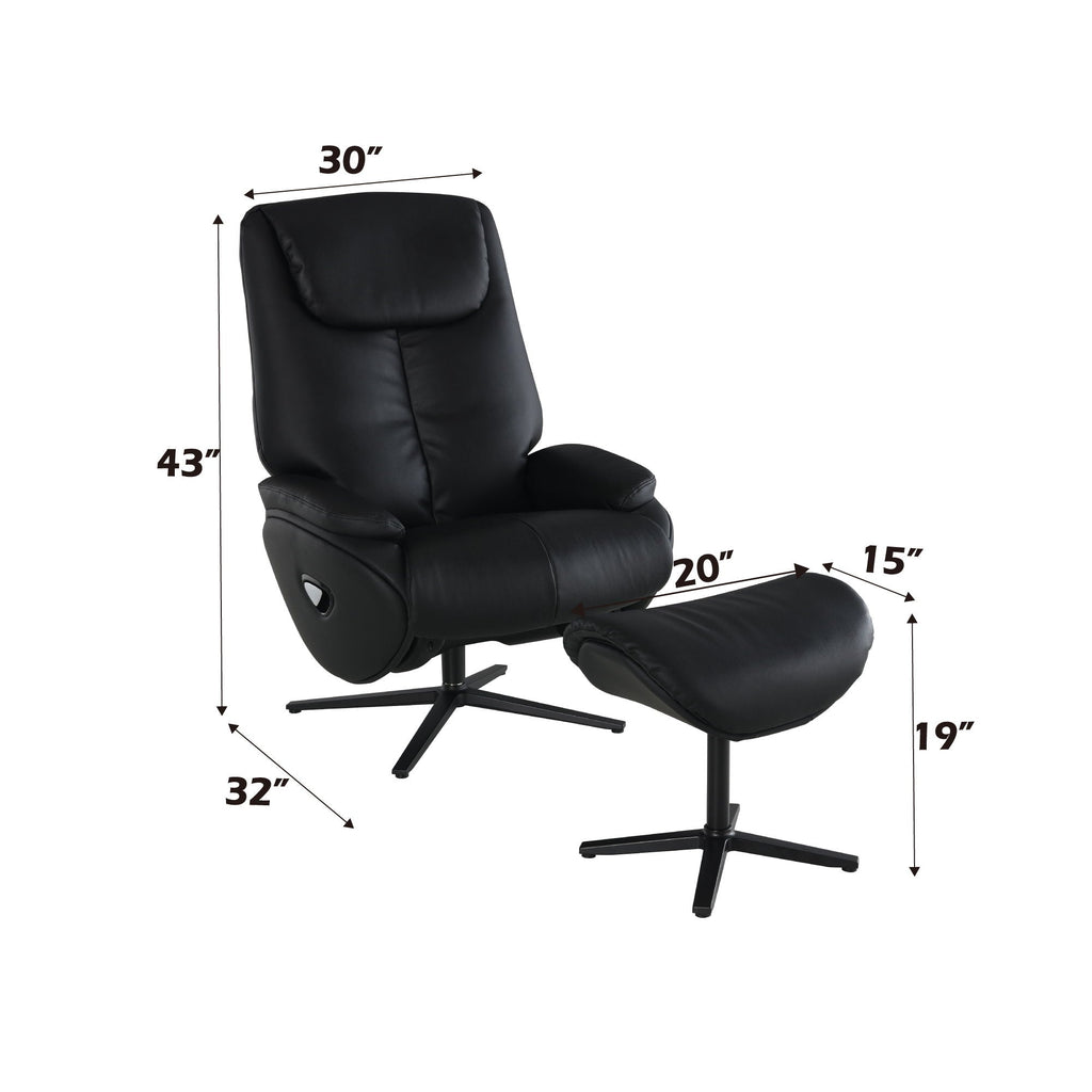 Labotina Top Grain Leather Accent Chair With Swivel & Ottoman - Black