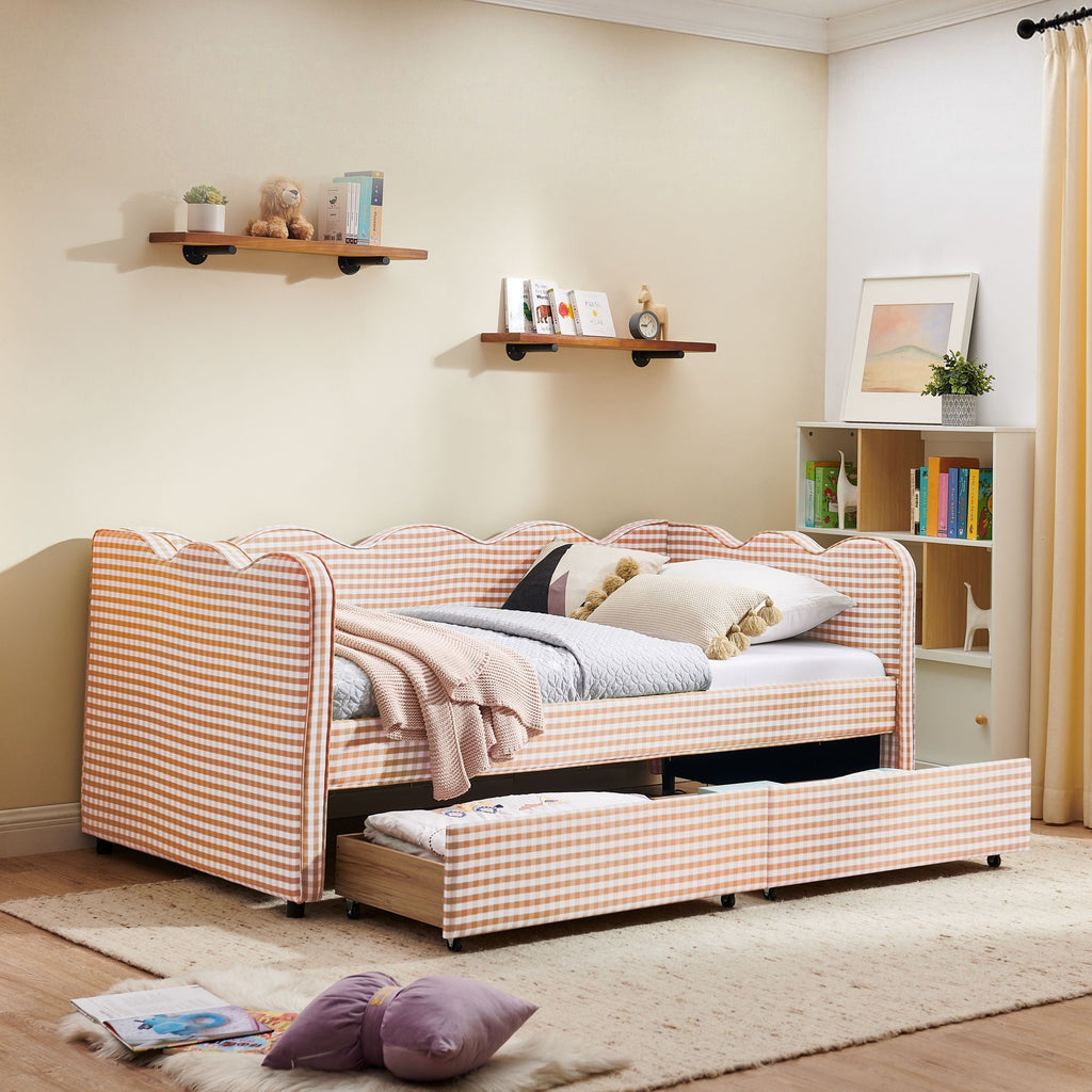 Gingham Daybed With USB Charging Port, Wave-Shaped Design