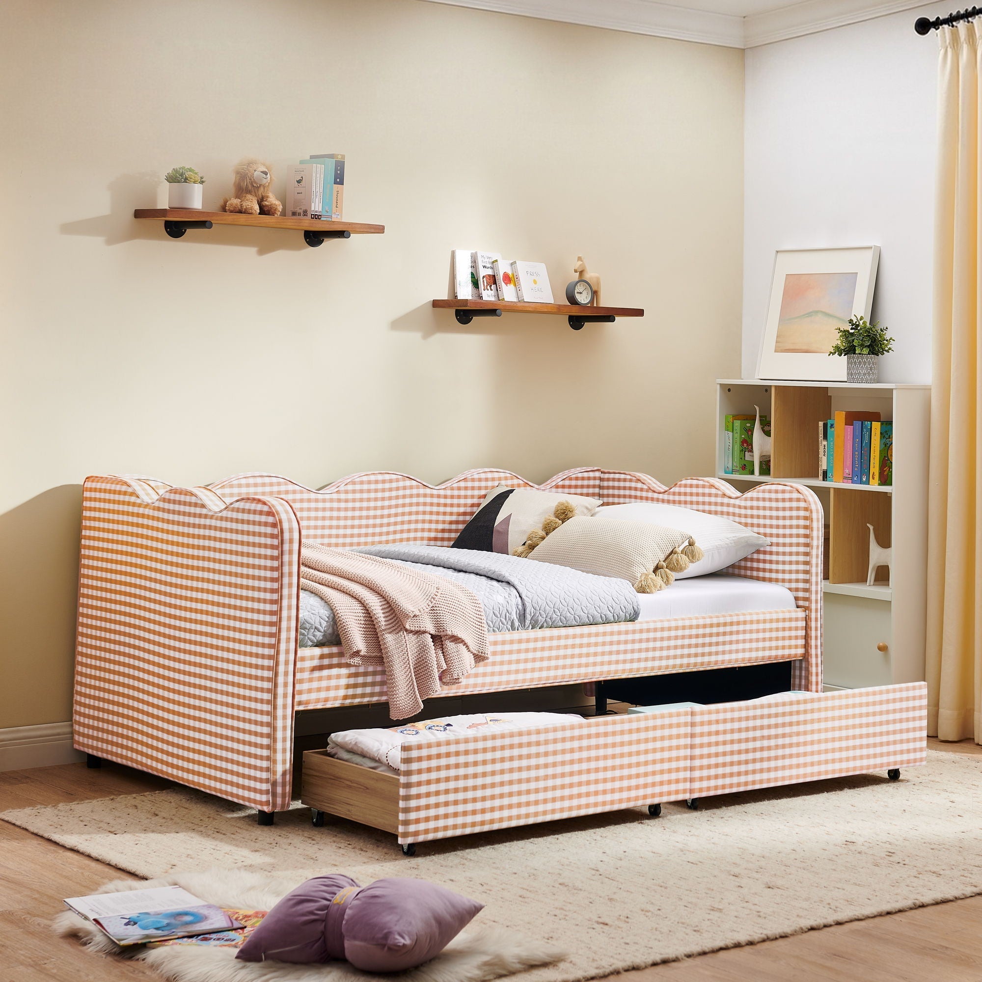 Gingham Daybed With USB Charging Port, Wave-Shaped Design