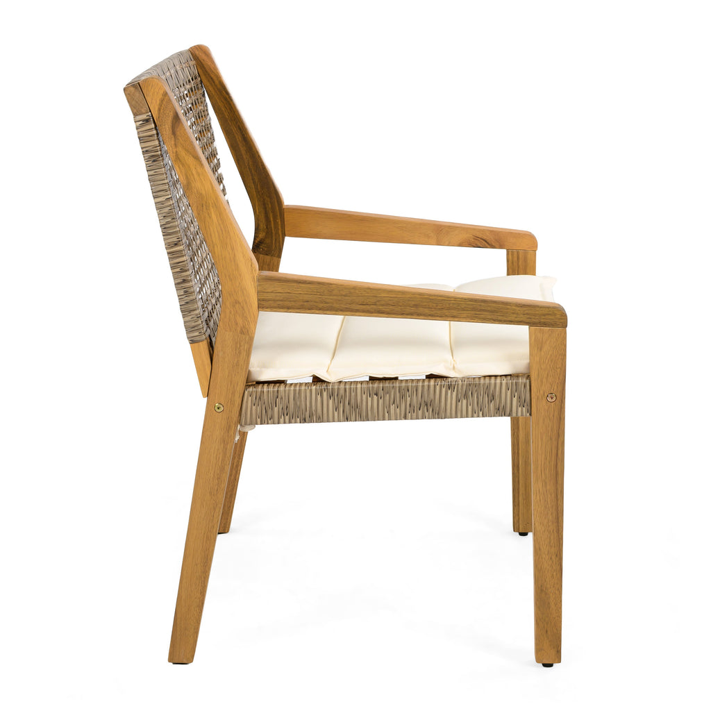 Outdoor Dining Chair Set of 4 - Acacia Wood and Wicker with Cream Cushion