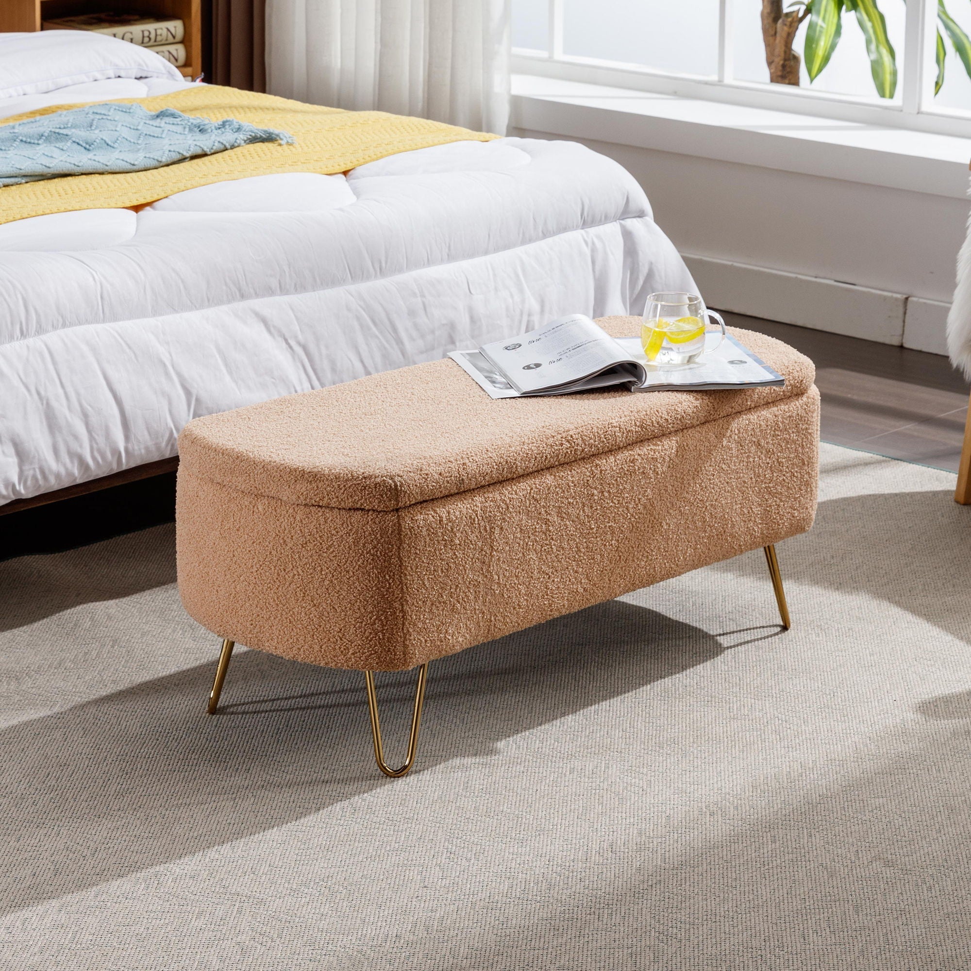 Storage Ottoman Bench For End Of Bed Legs, Modern Camel Faux Fur Entryway Bench Upholstered Padded With Storage For Living Room Bedroom