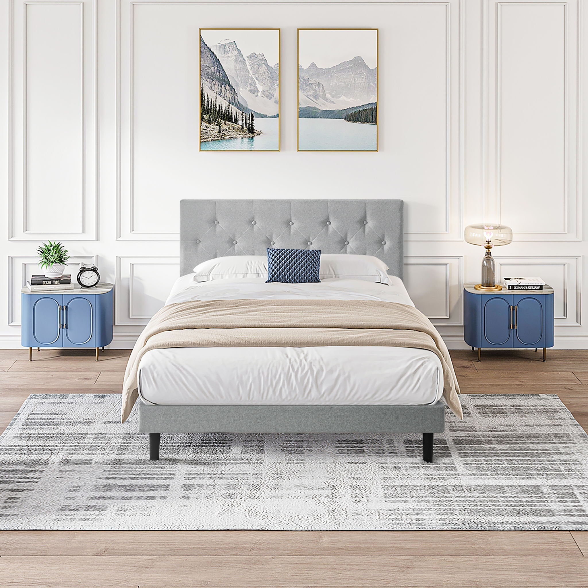 Modern Upholstered Platform Bed Frame With Button Tufted Fabric Headboard
