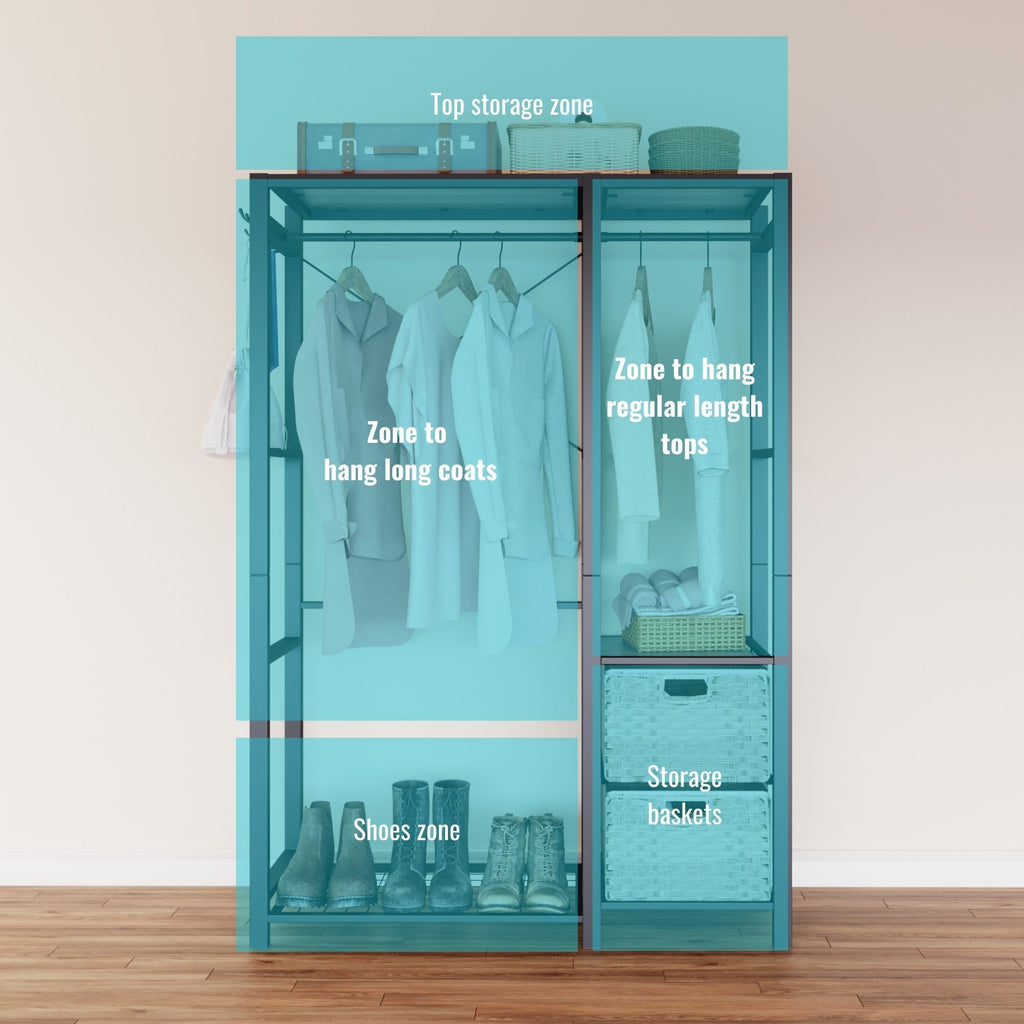 Garment Rack With Shelves, 2 Wicker Drawers, 4 Hooks Organizer