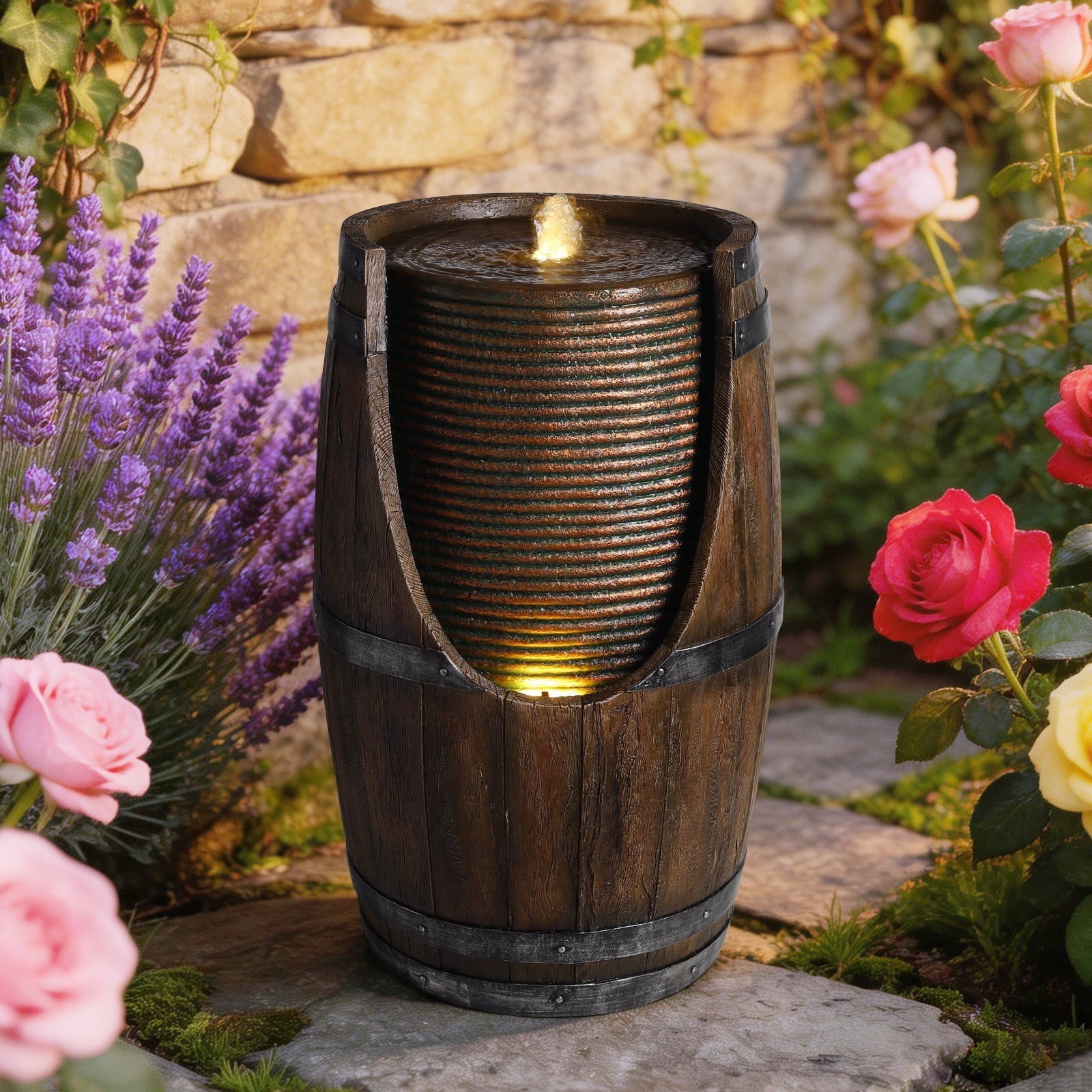 Outdoor Barrel Water Fountain with Rustic Wood Look Resin