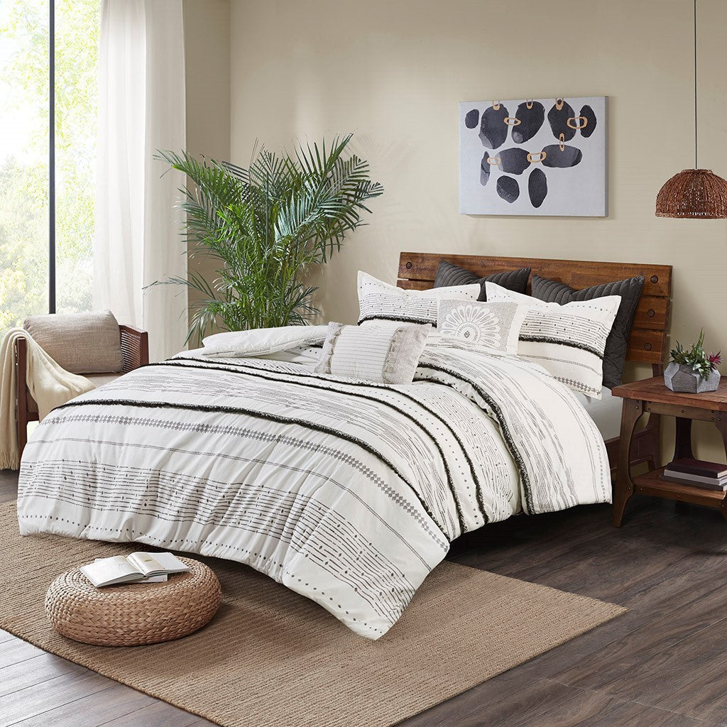 Cotton Printed Comforter Set with Trims Black/White Full/Queen