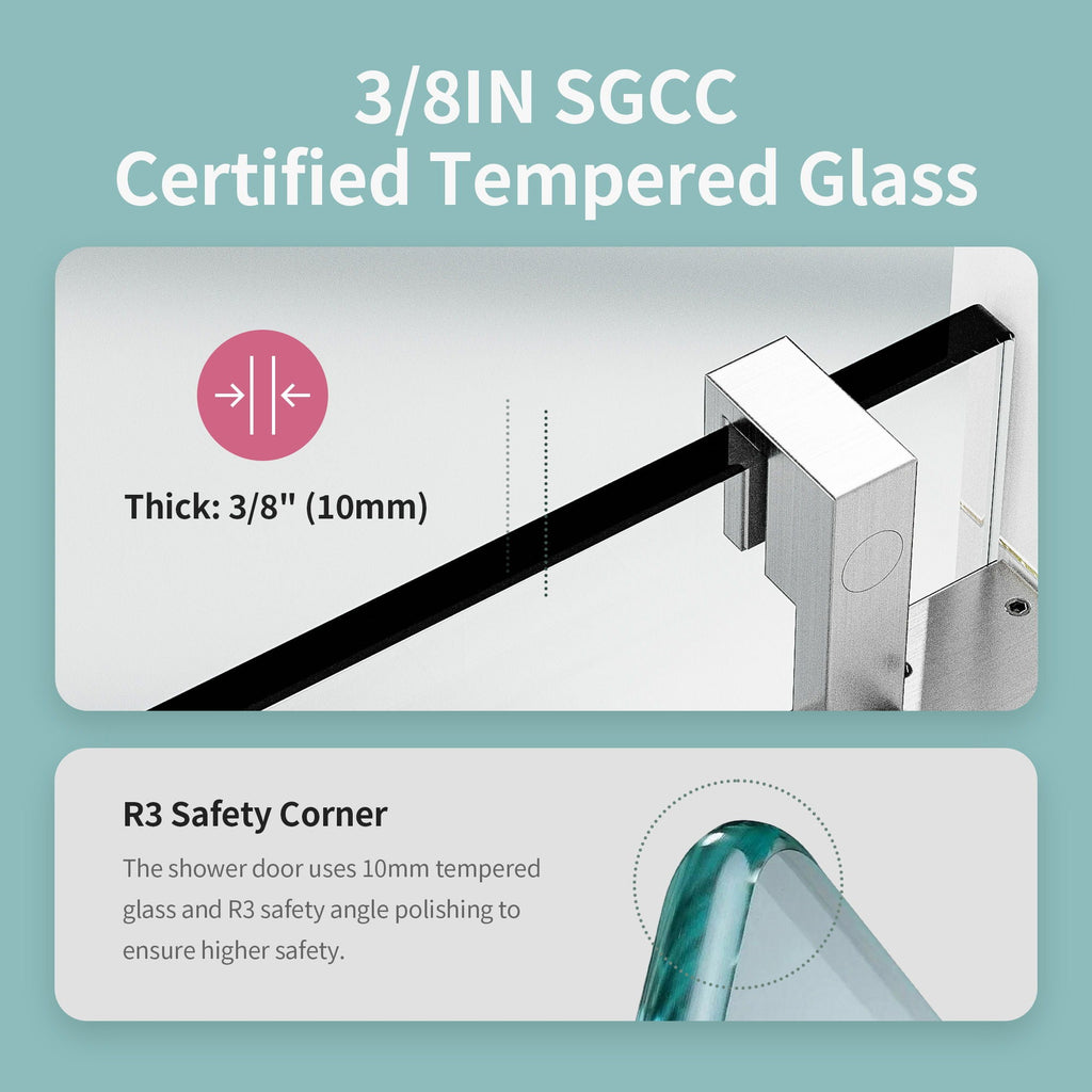 Frameless Single Sliding Soft Close Shower Doors, 3 / 8" Tempered Glass Reversible Installatio