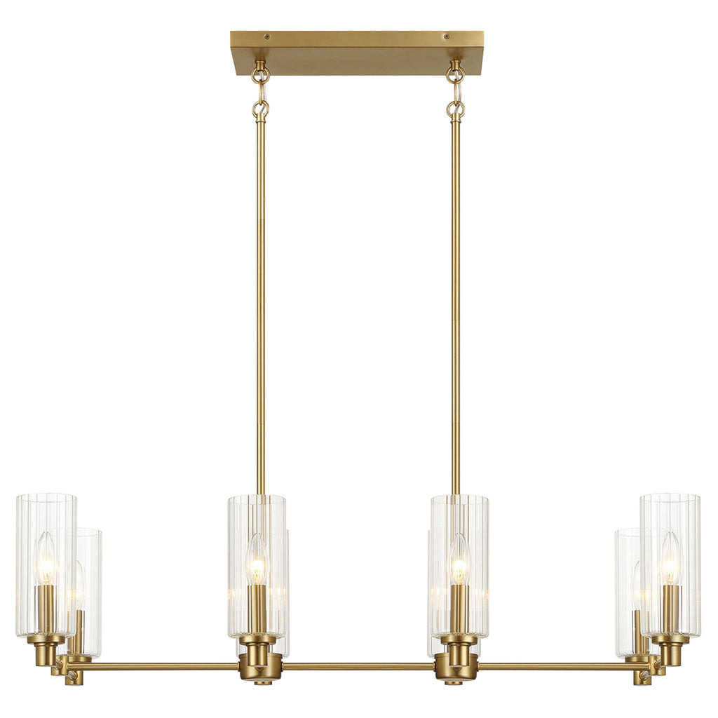 Willow - 8 Lights Island With Clear Ribbed Pendant Lamp Satin - Antique Brass / Clear / Gold
