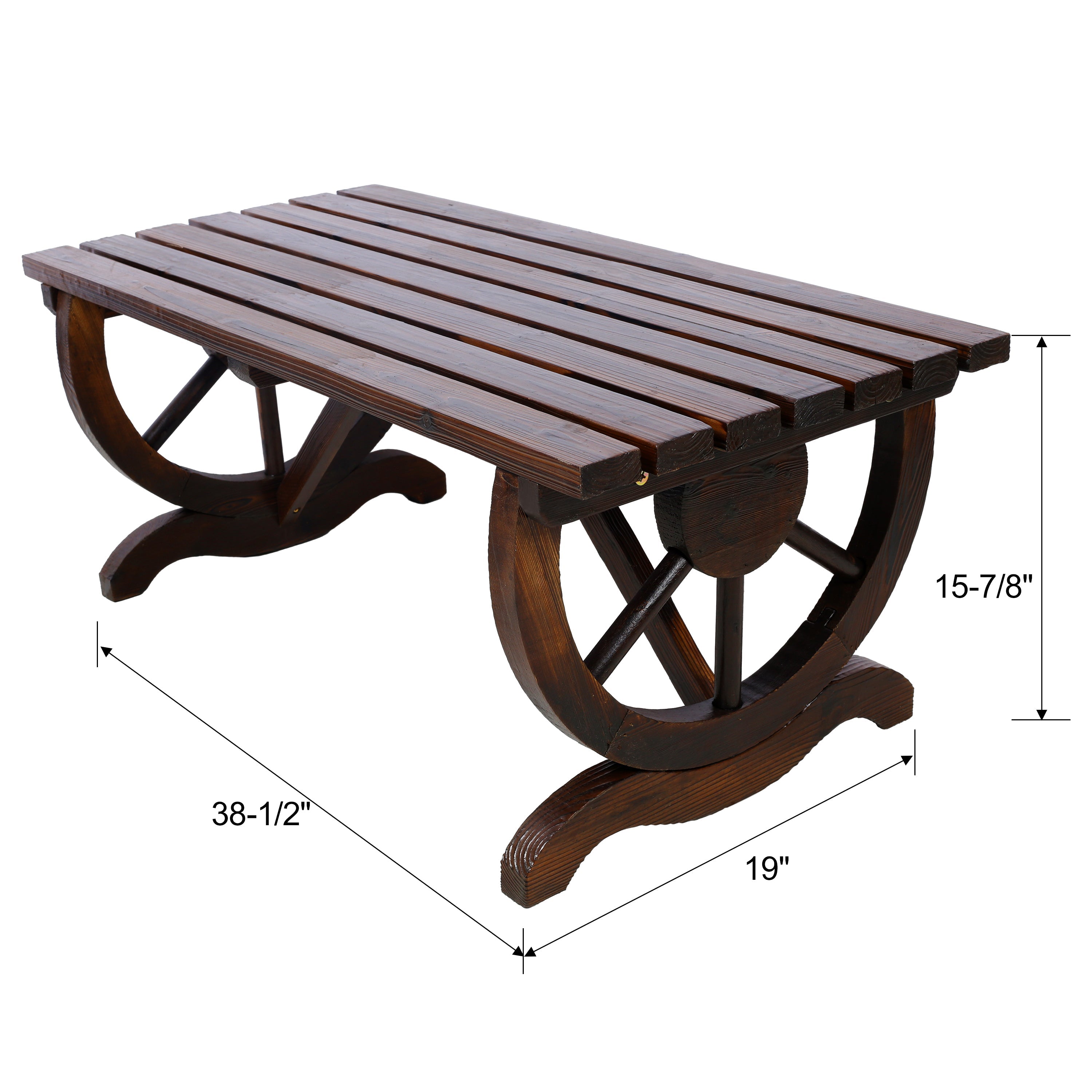 Outdoor Rustic Wooden Bench with Wagon Wheel Legs