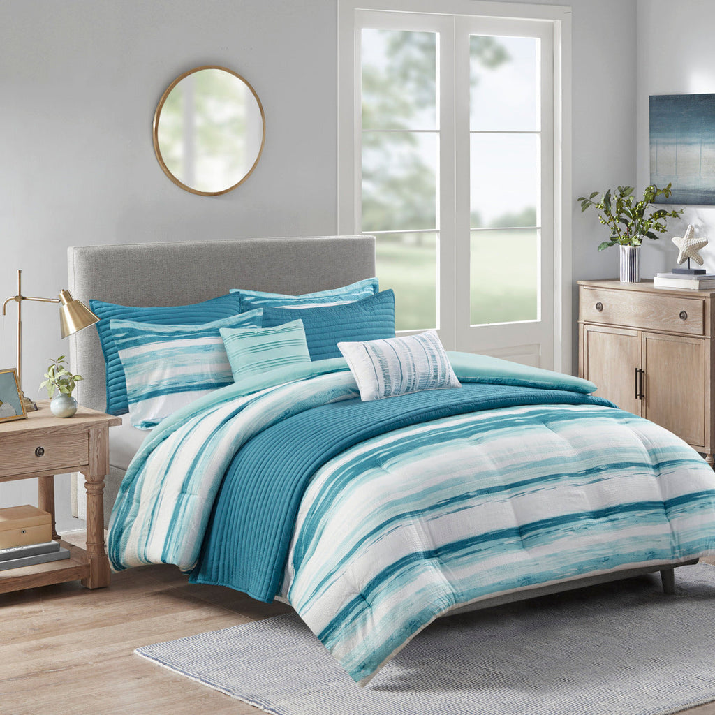 8 Piece Printed Seersucker Comforter and Quilt Set Collection Aqua Full/Queen