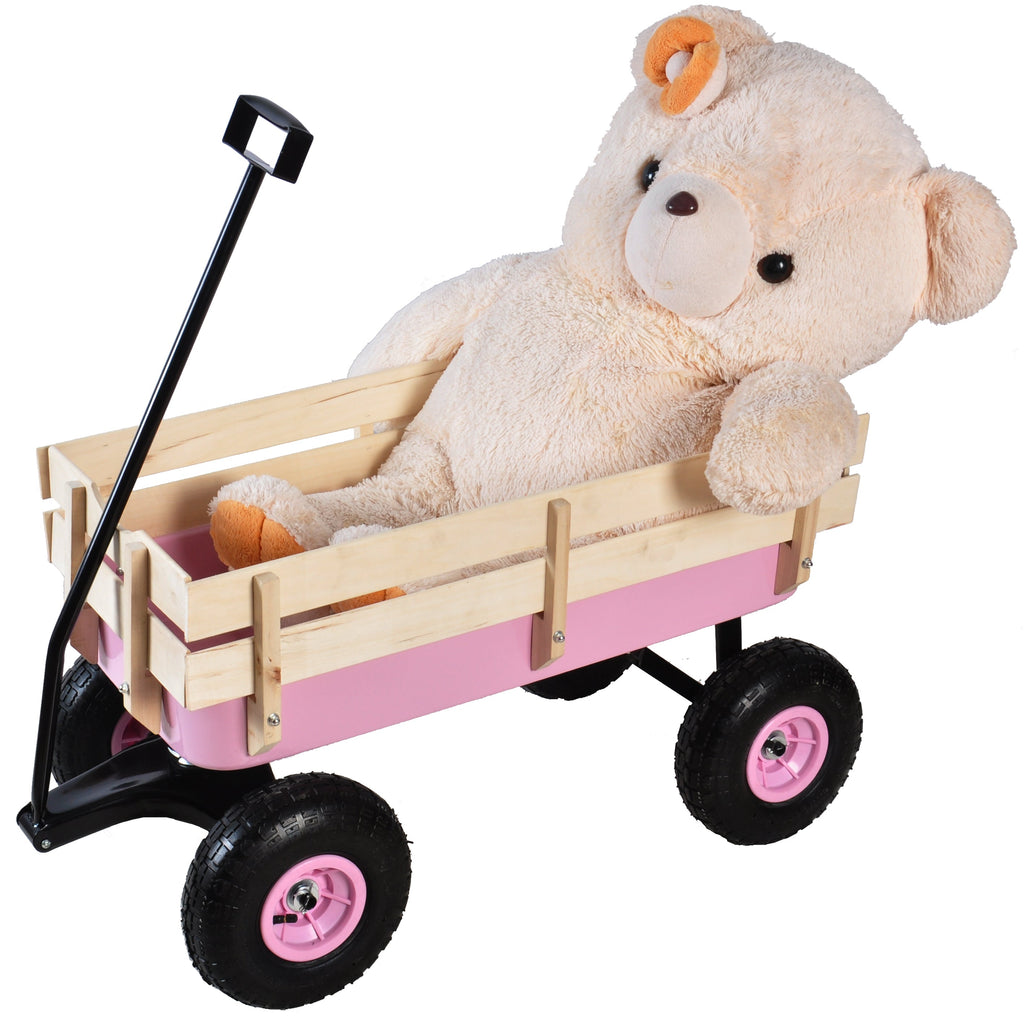 Outdoor All Terrain Garden Wagon with Wooden Railings and Pneumatic Tires