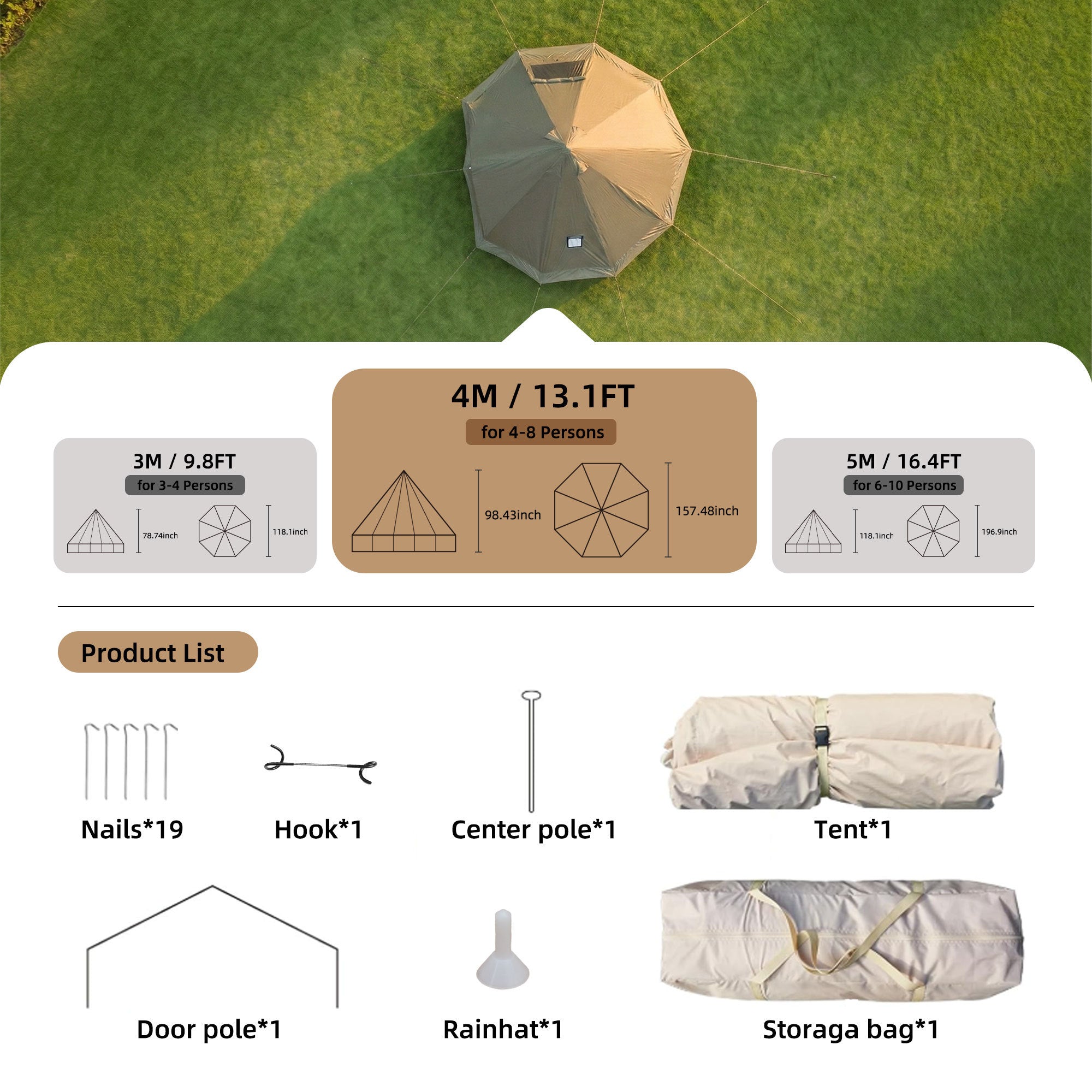 4 Season Bell Tent 13.1FT, Beige Waterproof Glamping Yurt Tent