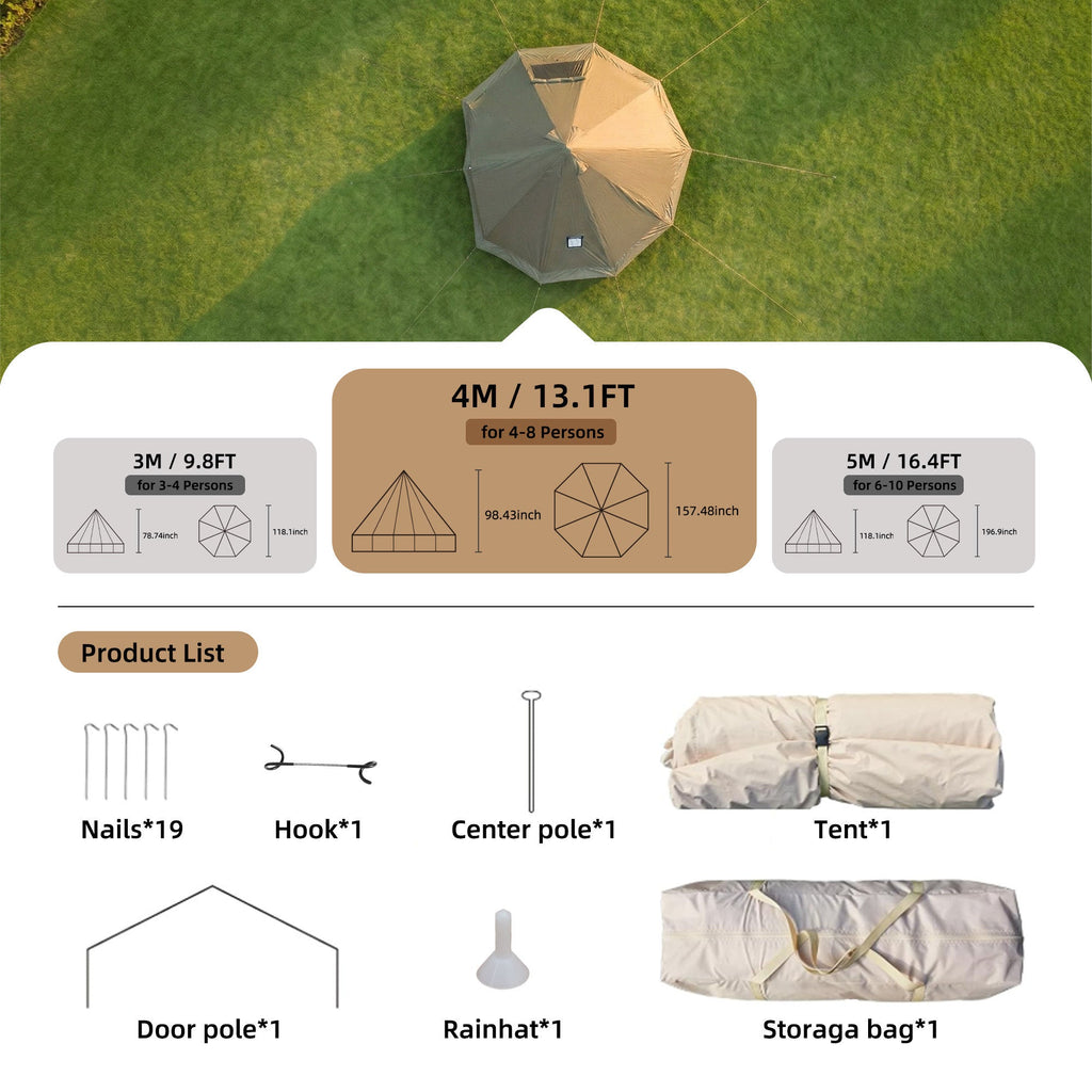 4 Season Bell Tent 13.1FT, Green Waterproof Glamping Yurt Tent
