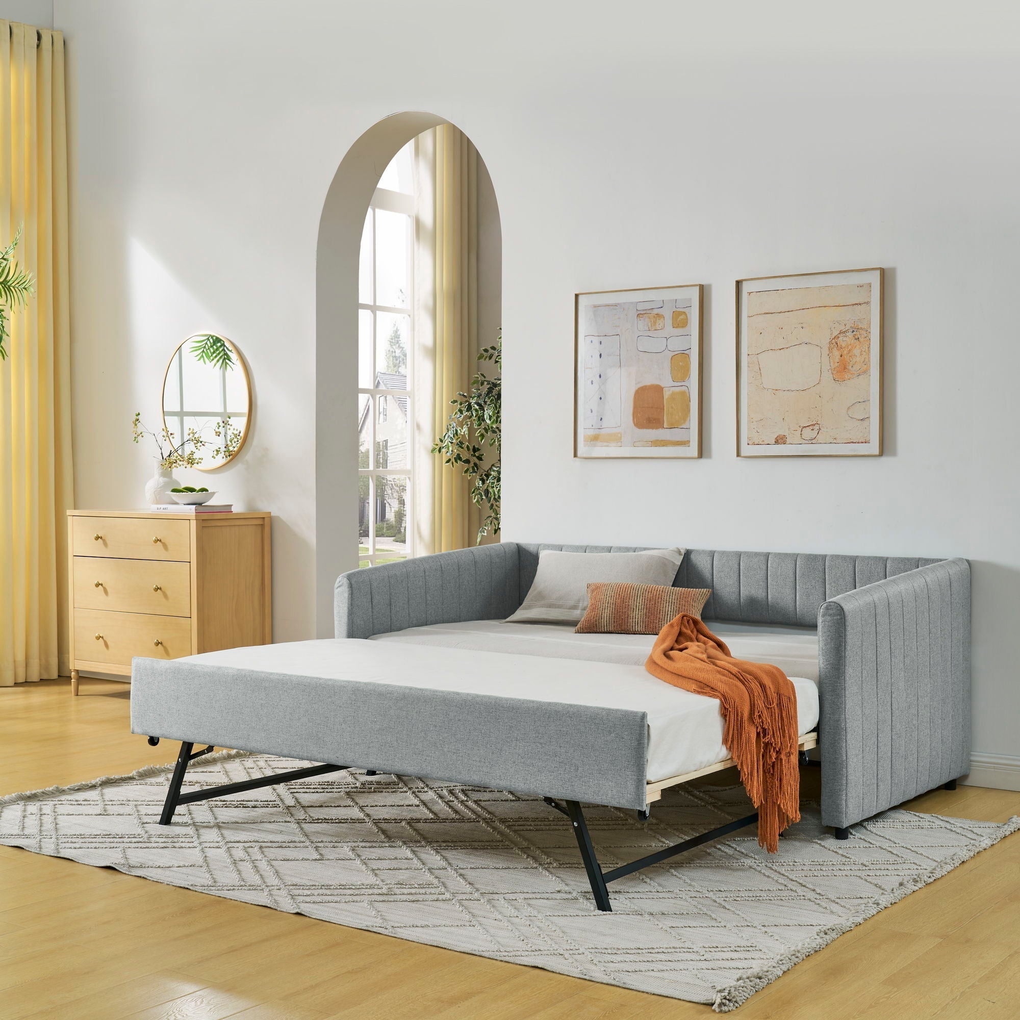 Upholstered Daybed With Trundle With Vertical Stripes