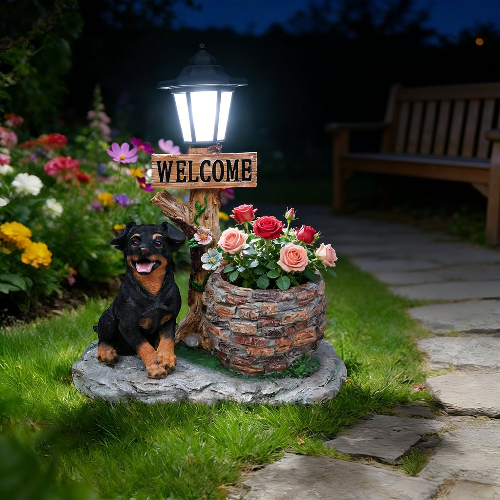 Puppy Dog Solar Planter Outdoor Statue
