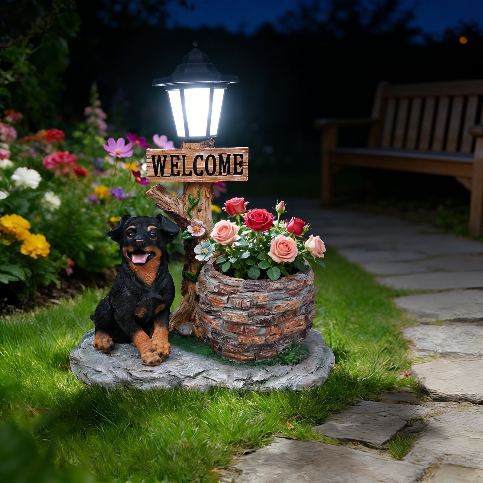 Puppy Dog Solar Planter Outdoor Statue