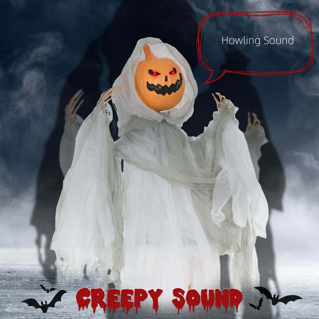 Outdoor Halloween Hanging Pumpkin Ghost with Light-Up Eyes and Sound