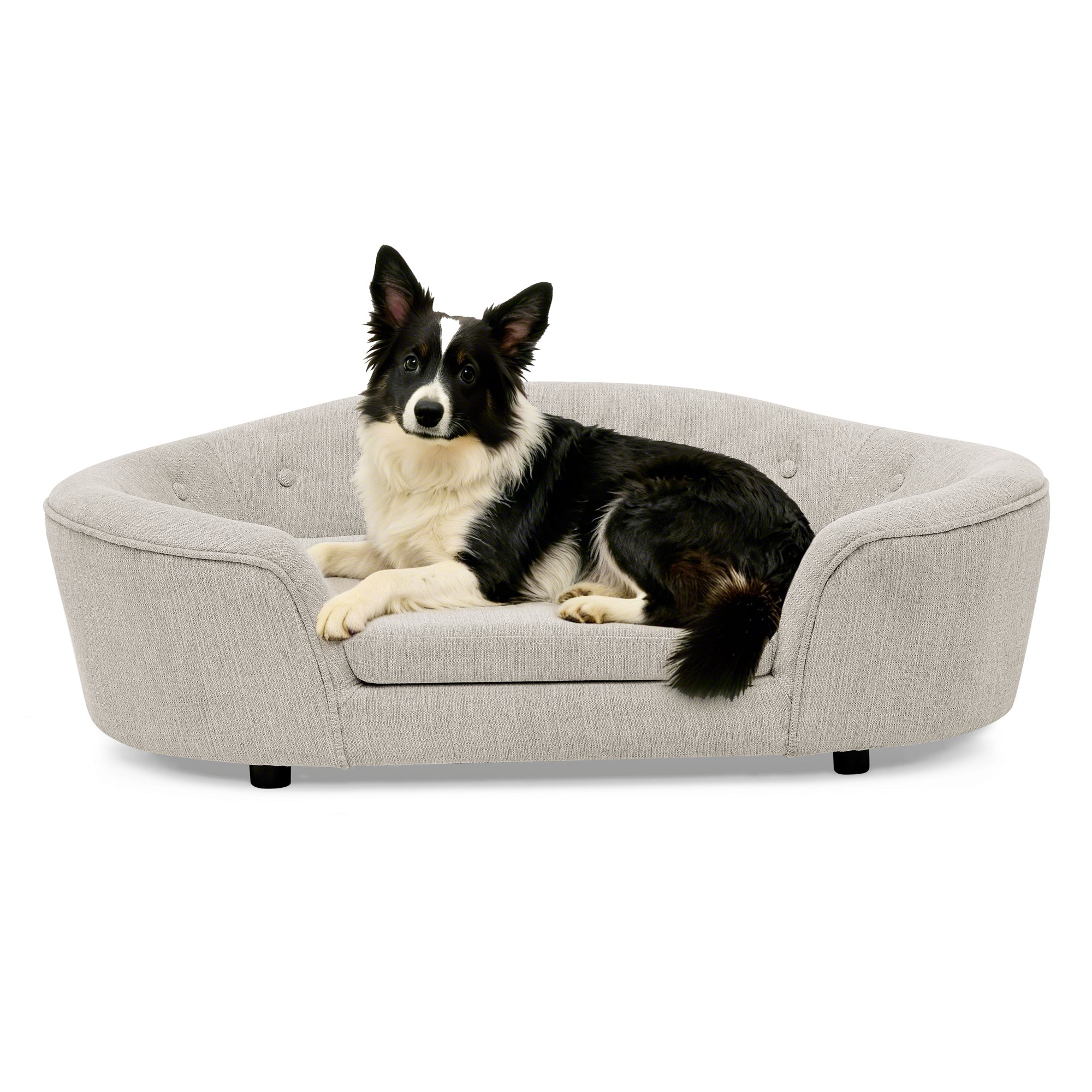 OVERSIZED Size Oval Semi-Enclosed Dog Sofa - Durable Linen Material, Button-Tufted Backrest, High-Center Low-Sides Support & Plush Comfort-Beige
